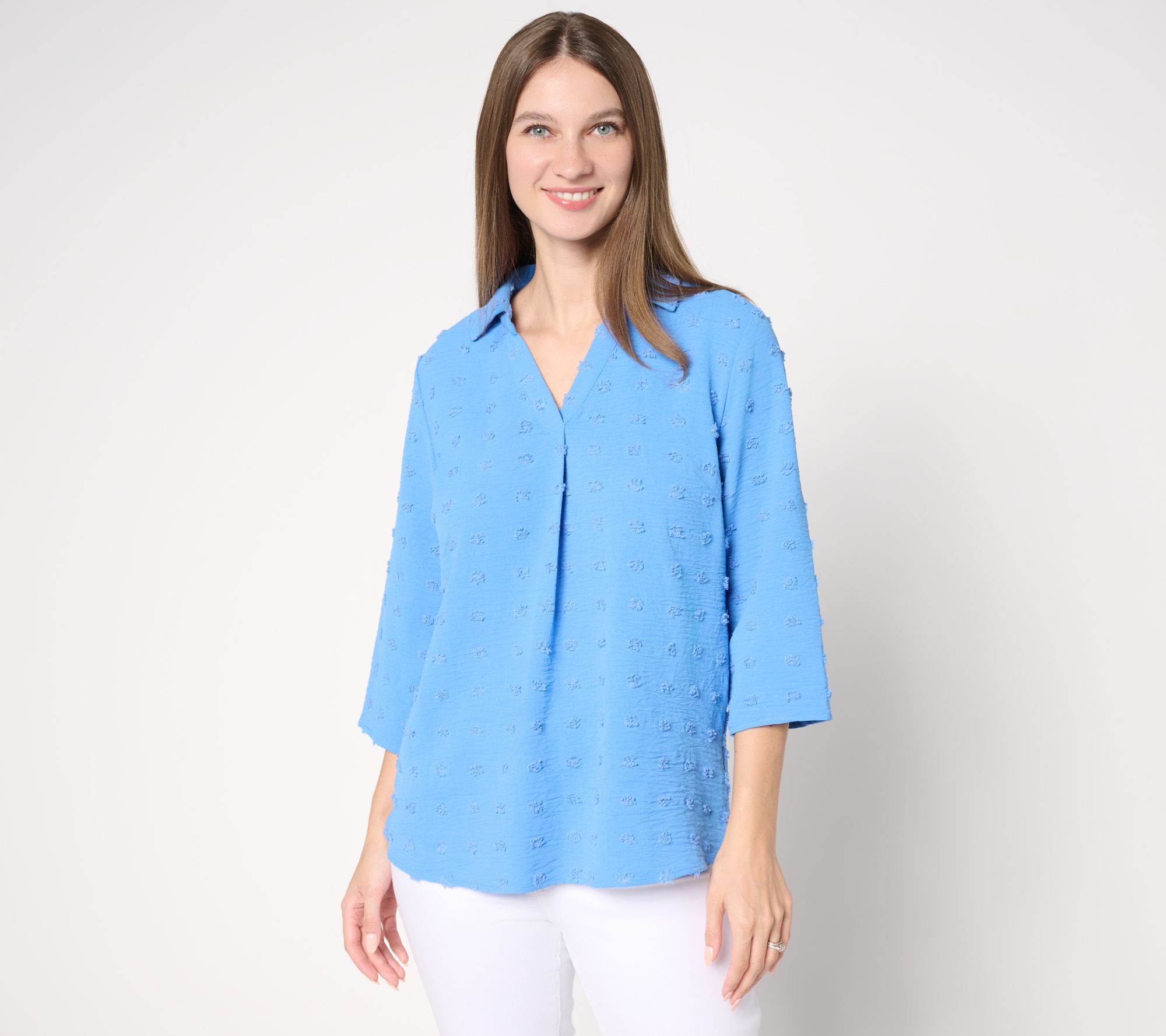 Denim & Co. Textured 3/4 Sleeve Collared Popover Top