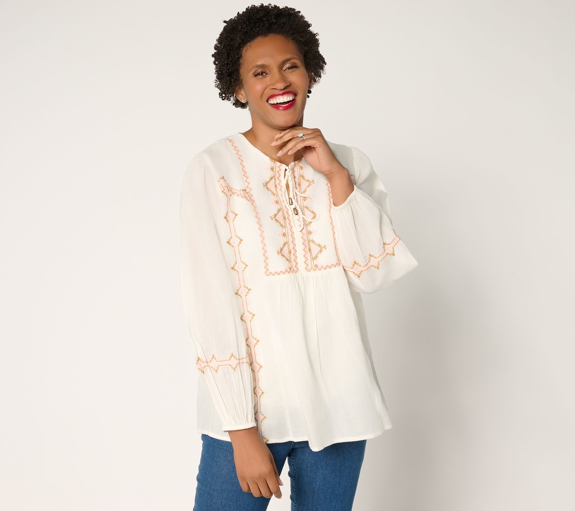 Ree by The Pioneer Woman Woven Cotton Embroidered Tie Neck Tunic