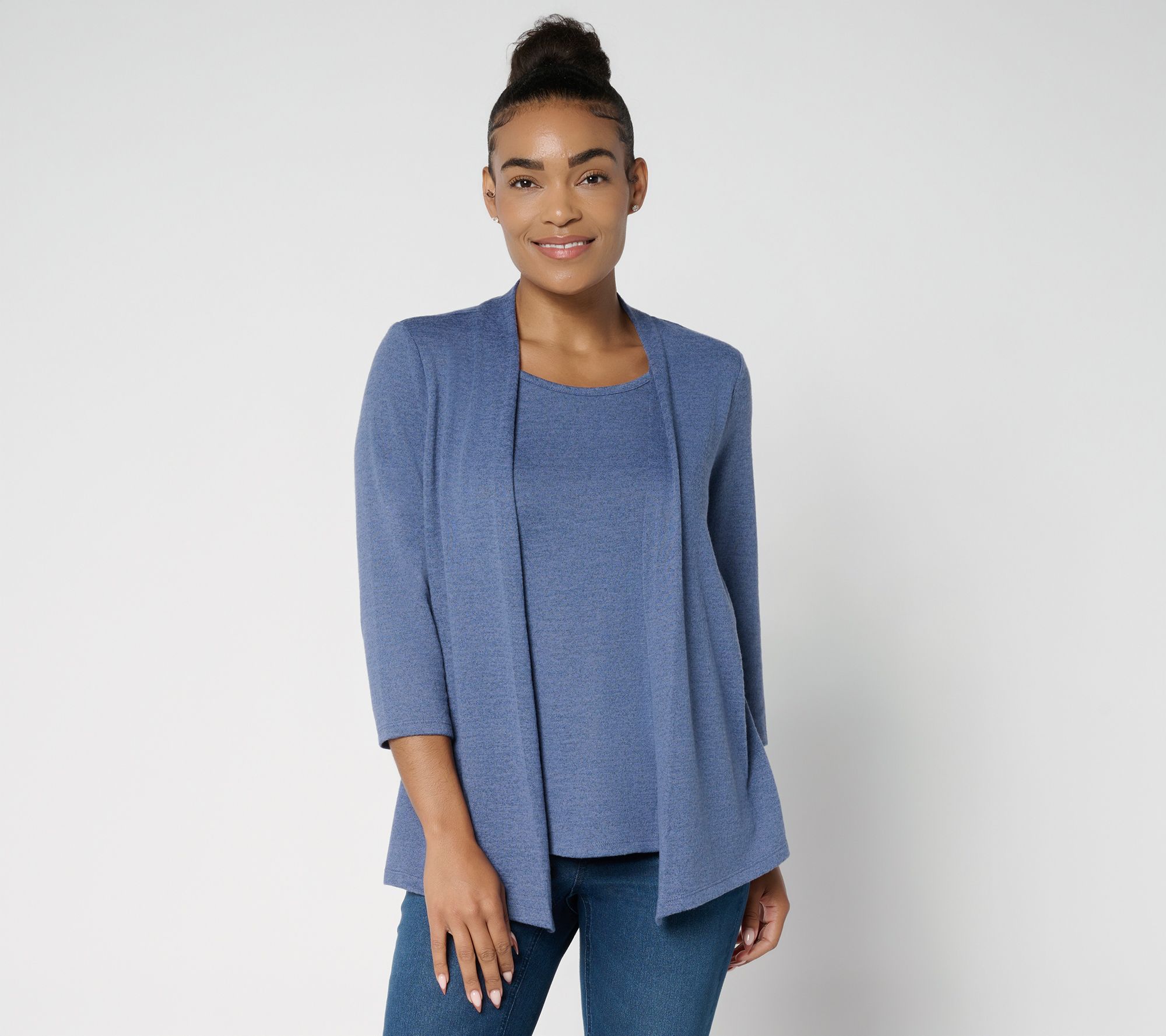 Denim & Co. Print or Solid Heavenly Jersey Cardigan/Tank 2fer