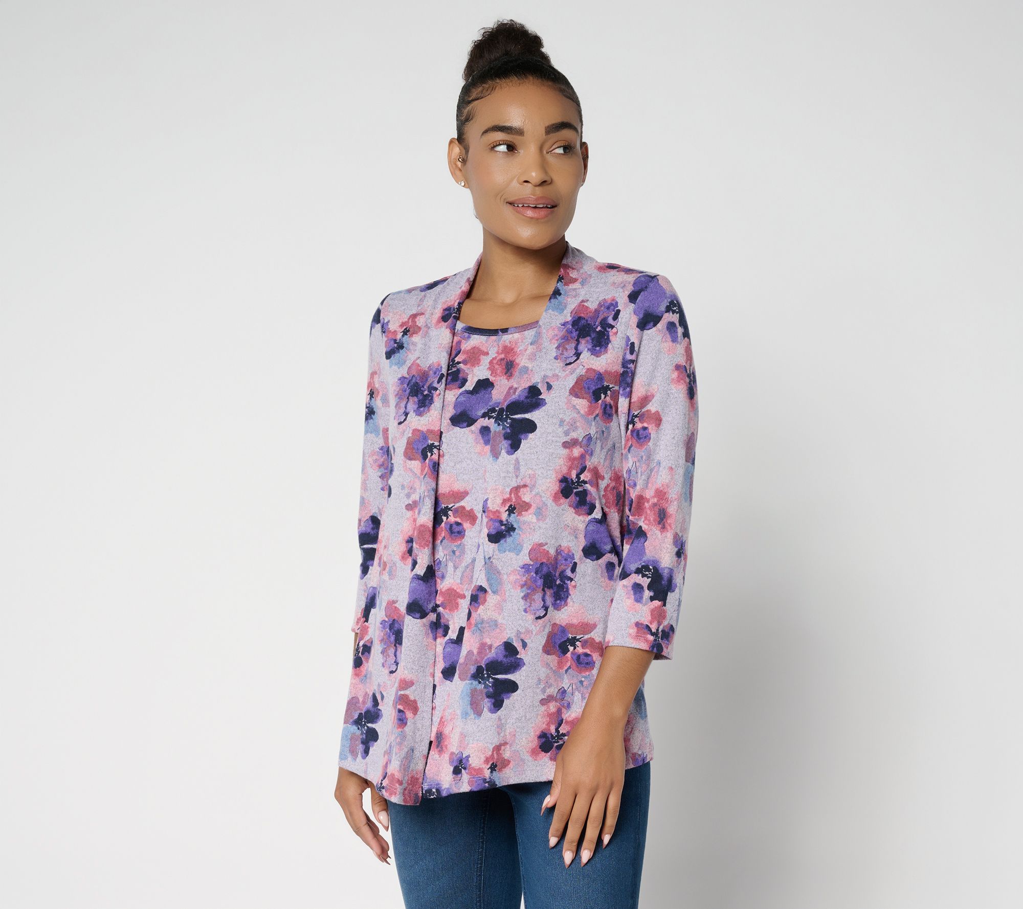 Denim & Co. Print or Solid Heavenly Jersey Cardigan/Tank 2fer