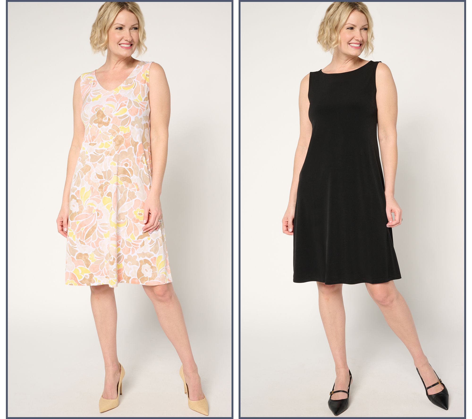 "As Is" Susan Graver Regular Liquid Knit Set of 2 Print & Solid Dresses