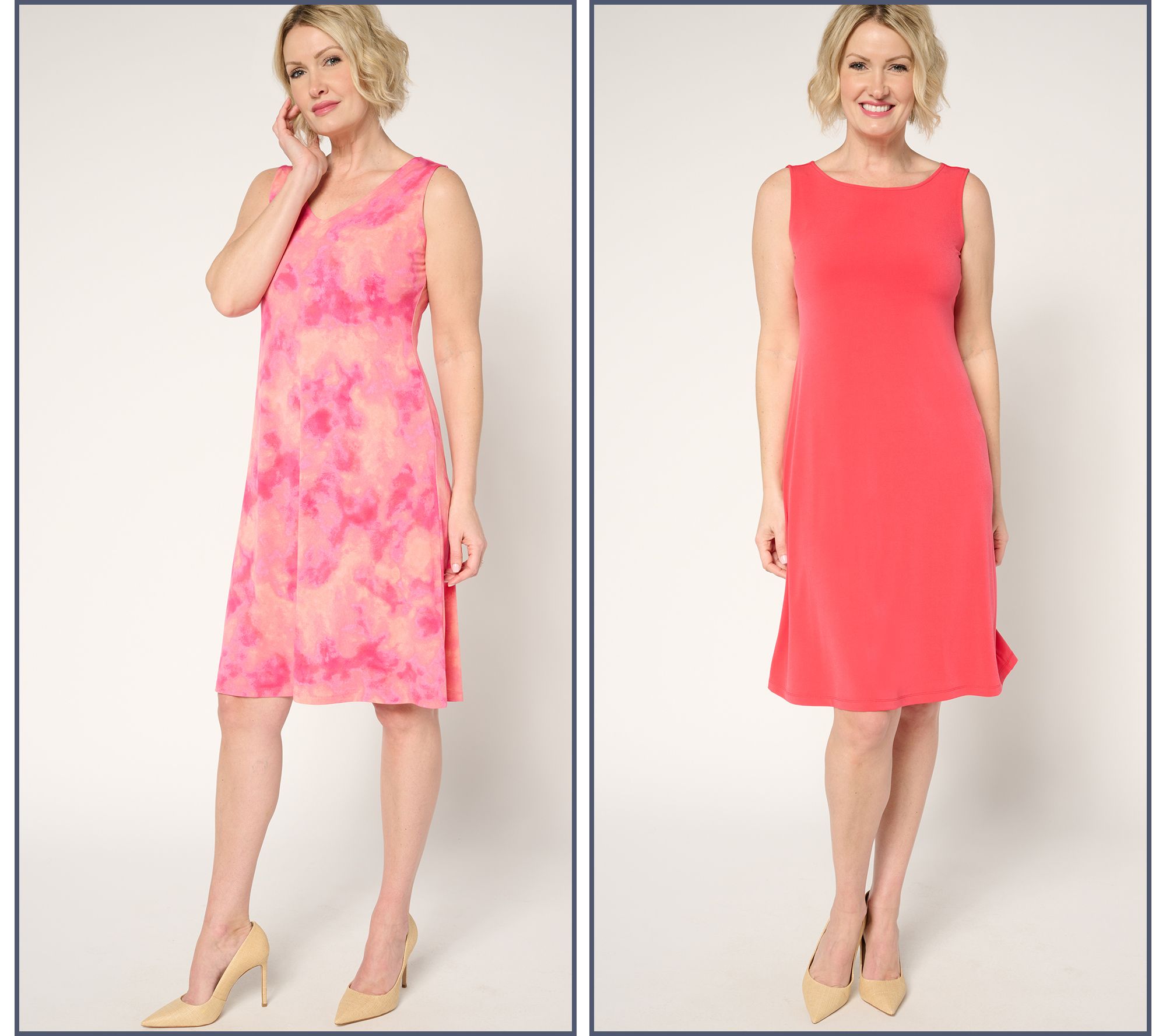 "As Is" Susan Graver Regular Liquid Knit Set of 2 Print & Solid Dresses