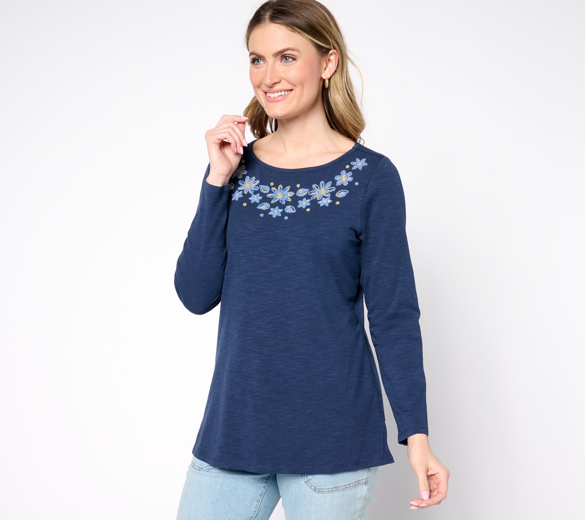 "As Is" Quacker Factory Forget Me Not Beaded Bateau Long Sleeve Top
