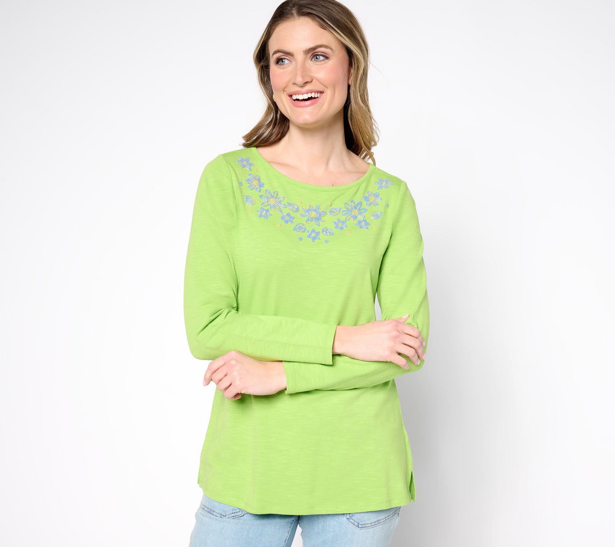 "As Is" Quacker Factory Forget Me Not Beaded Bateau Long Sleeve Top