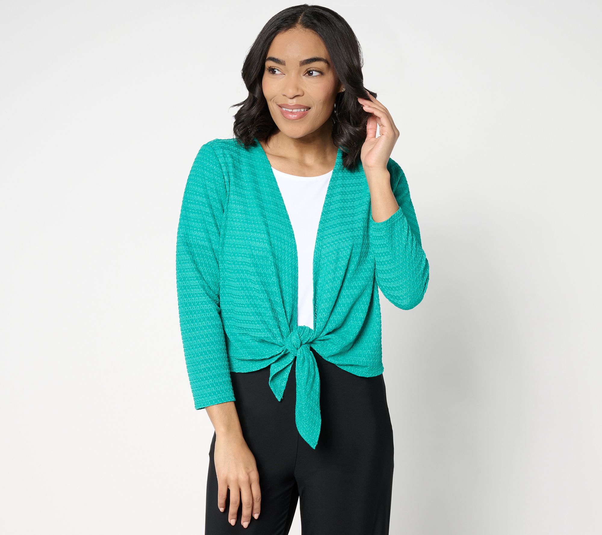 "As Is" Susan Graver Textured Knit Tie Front 3/4 Sleeve Shrug