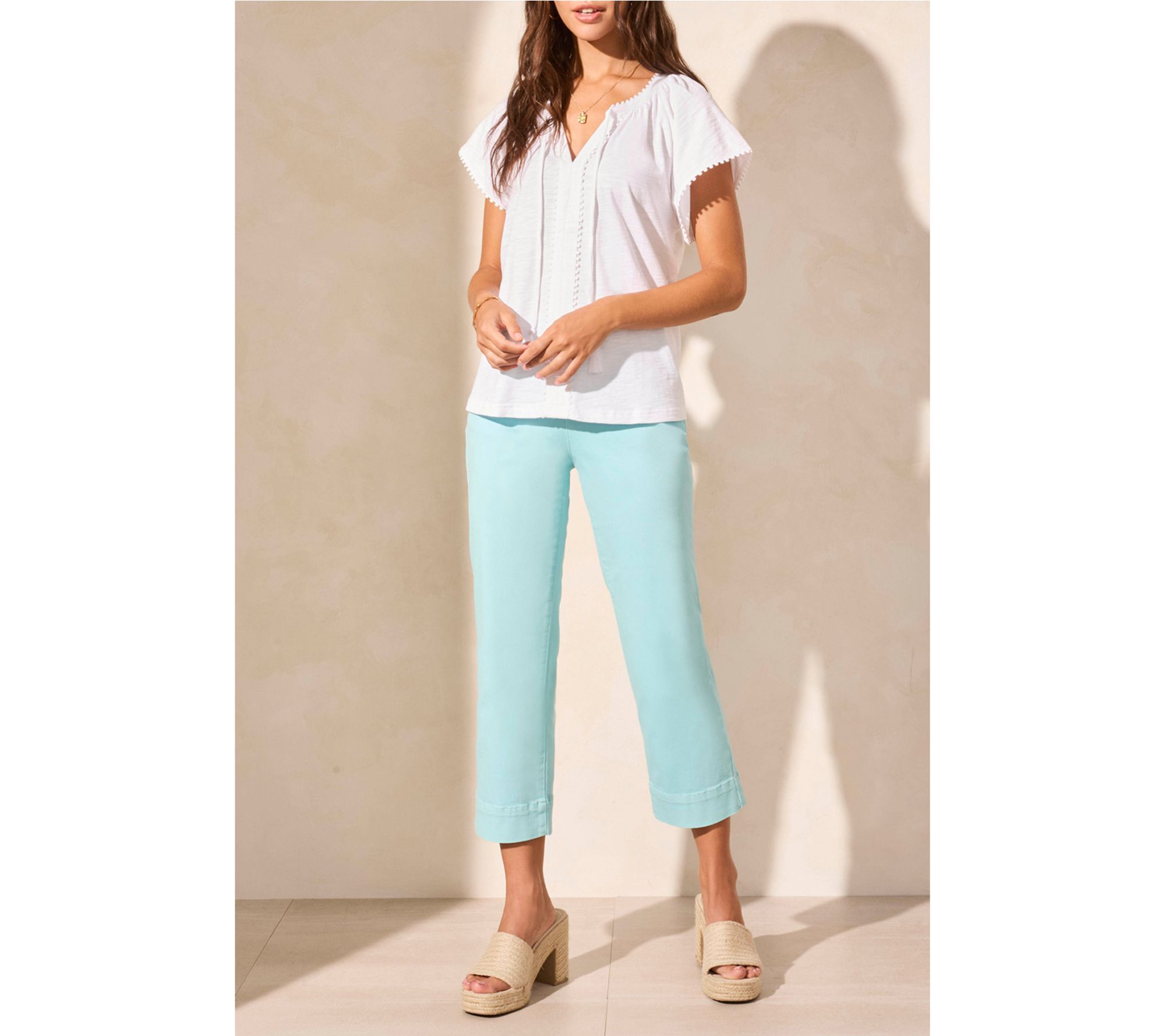 Tribal Cotton Slub Knit Short-Sleeve Notch NeckTop