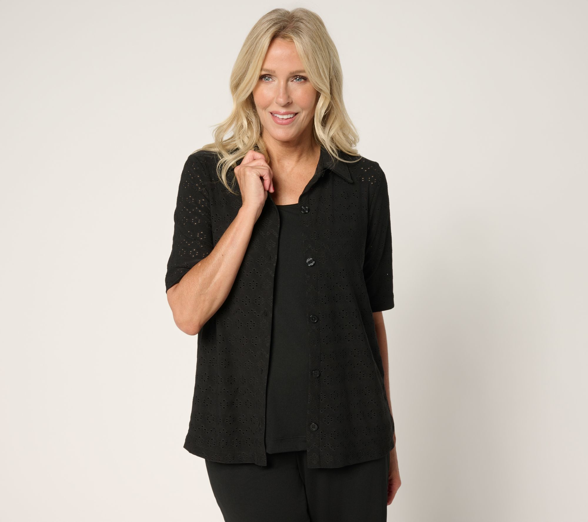 "As Is" Cuddl Duds Eyelet Button Up Collared Top