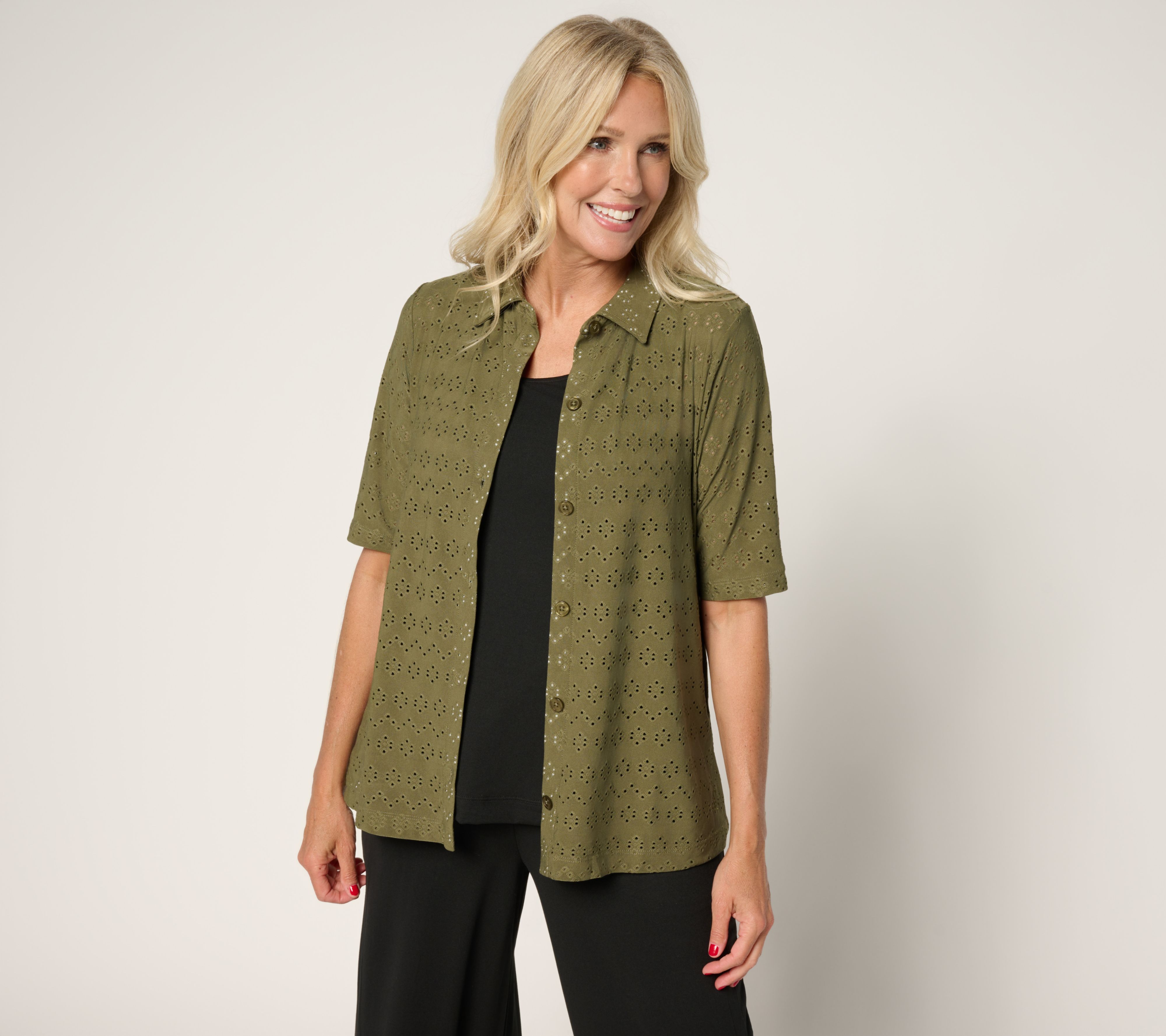 "As Is" Cuddl Duds Eyelet Button Up Collared Top