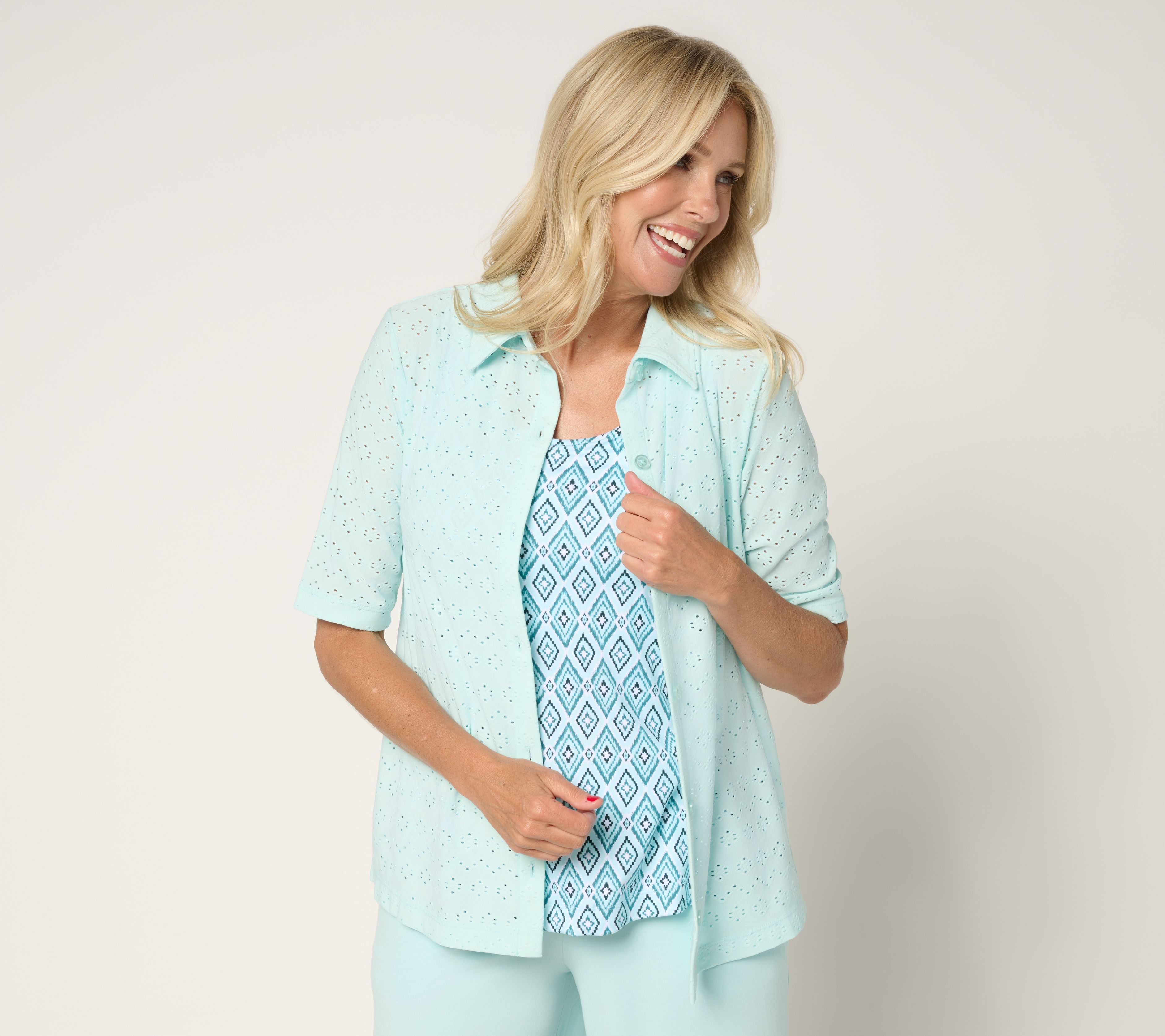 "As Is" Cuddl Duds Eyelet Button Up Collared Top