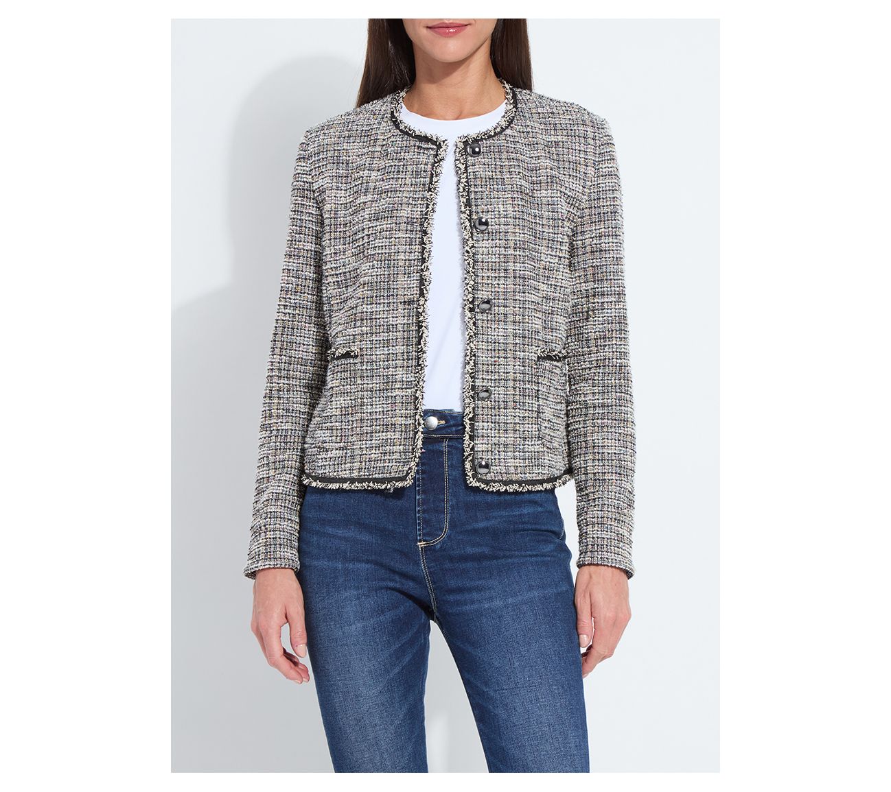 【美品】 COLLARLESS SHORT SLEEVE JACKET Lysse New York Charlotte Collarless St. Tweed Jacket - QVC.com