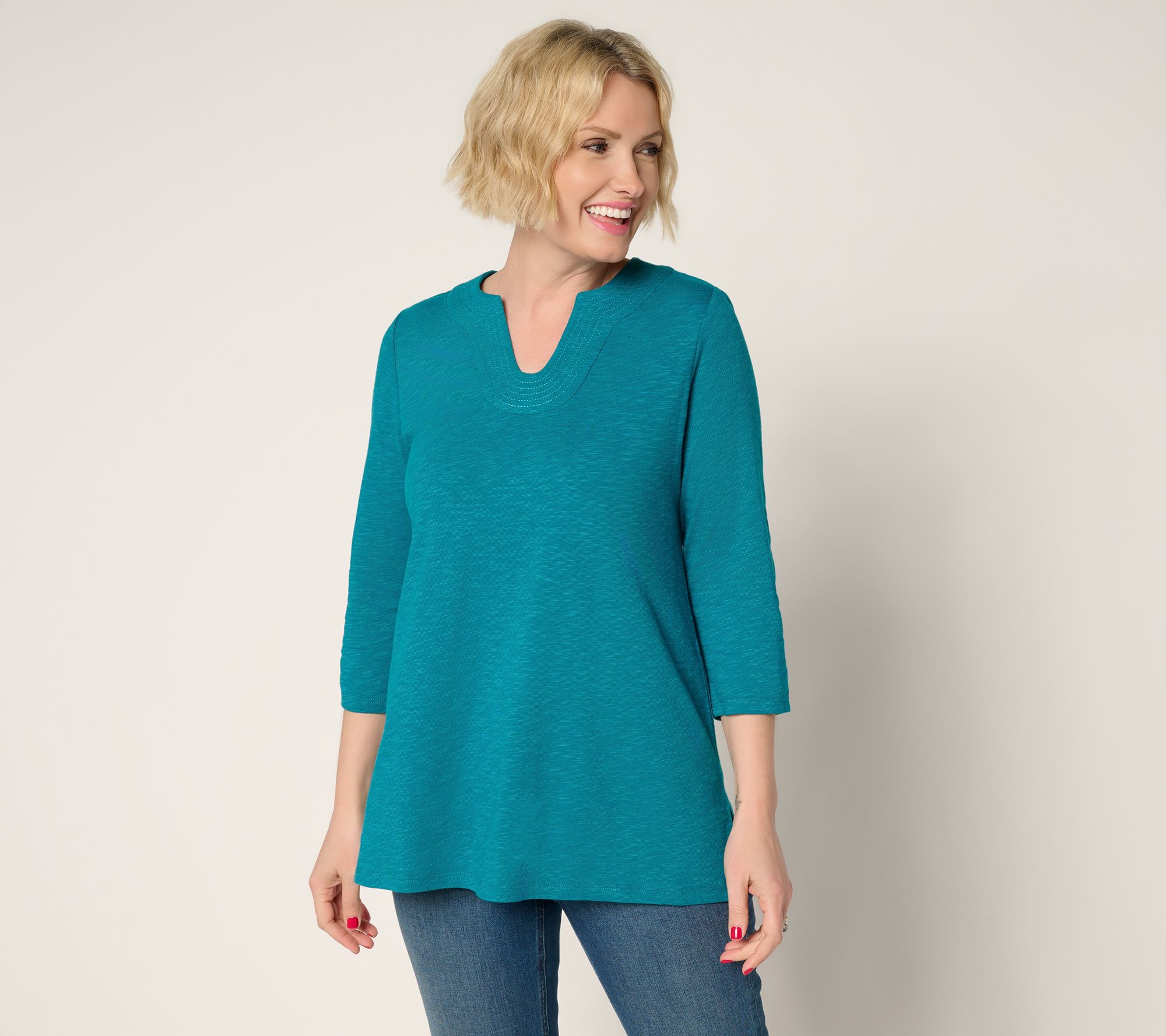 "As Is" Denim & Co.Petite Slub Jersey 3/4 Sleeve U-Neck Tunic