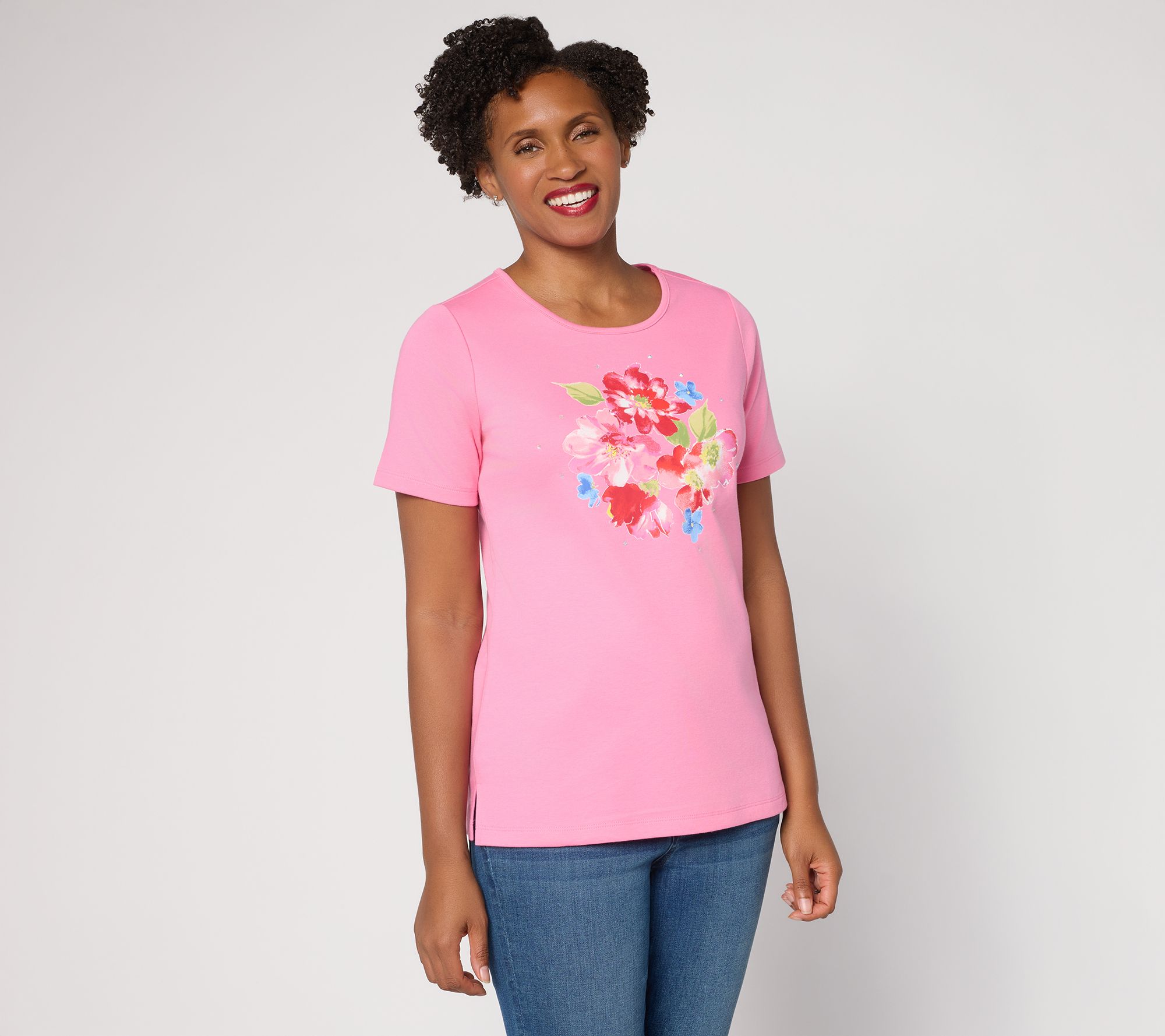 Quacker Factory Floret Printed Embellished Short Sleeve Top