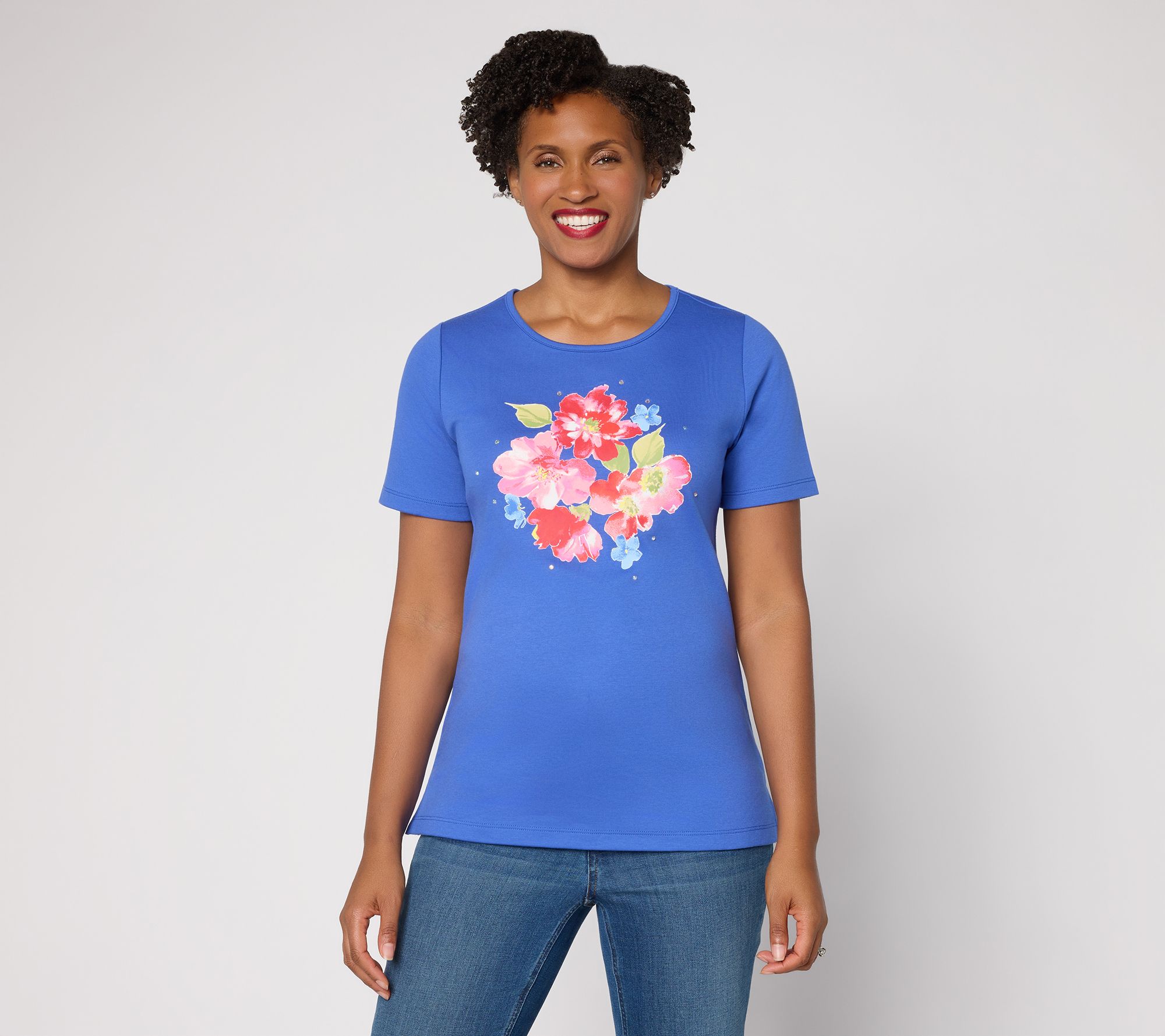 Quacker Factory Floret Printed Embellished Short Sleeve Top