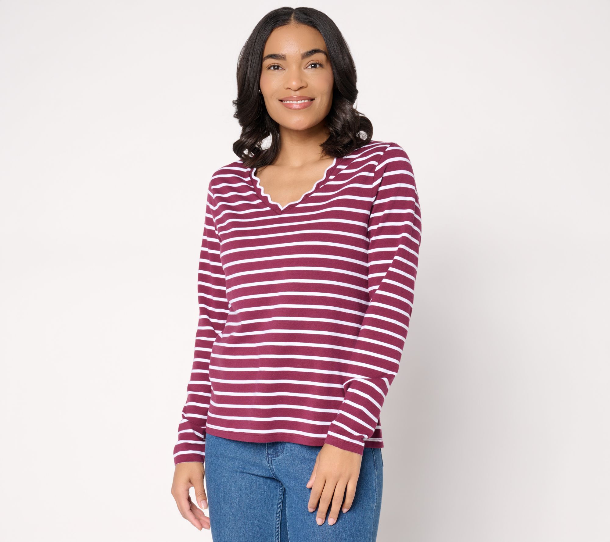 BEAUTIFUL by Lawrence Zarian Classic Knit V-Neck Top with Scallop Detail