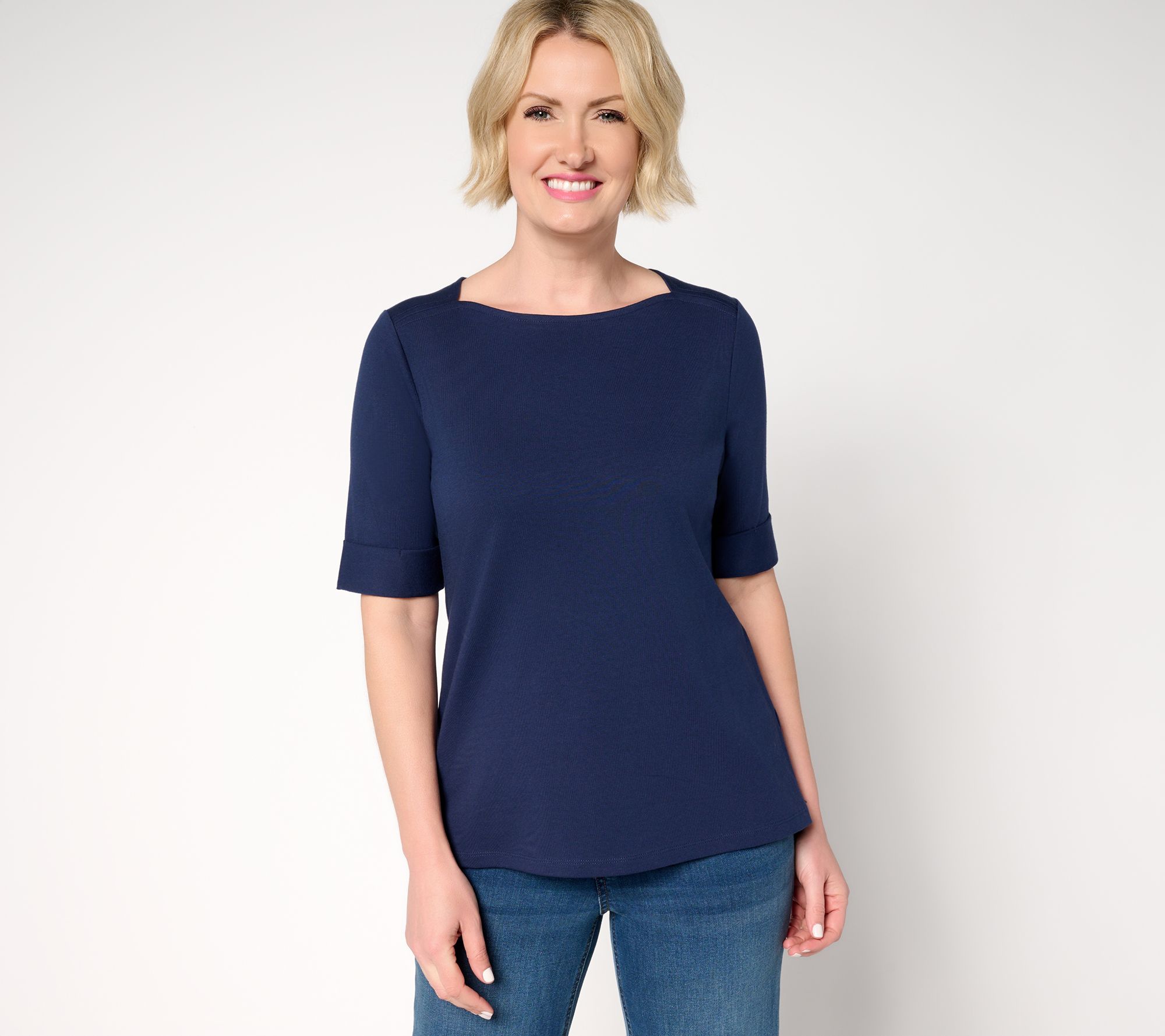 "As Is" Denim & Co. Essentials Perfect Jersey Rolled Cuff Top