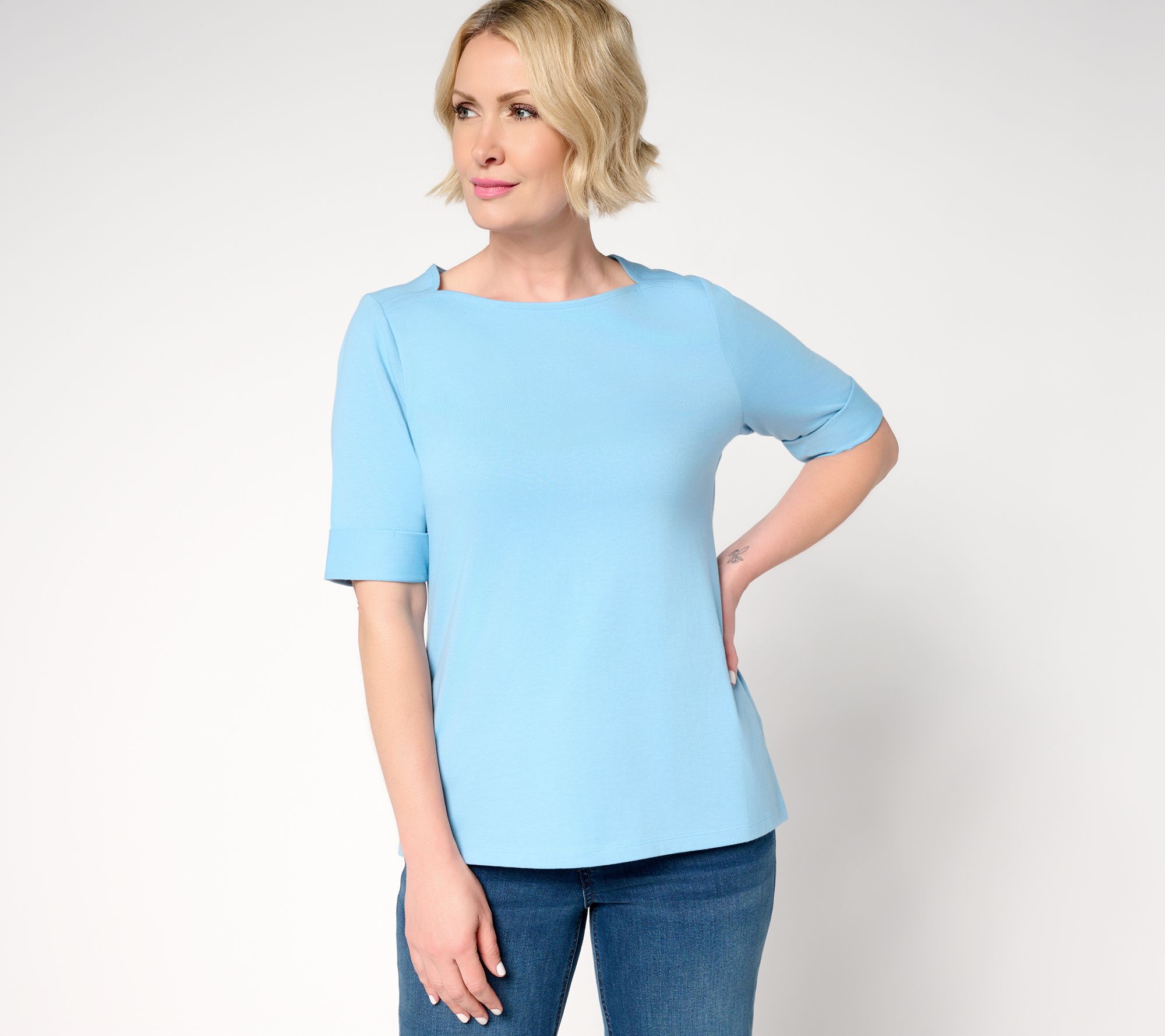 "As Is" Denim & Co. Essentials Perfect Jersey Rolled Cuff Top