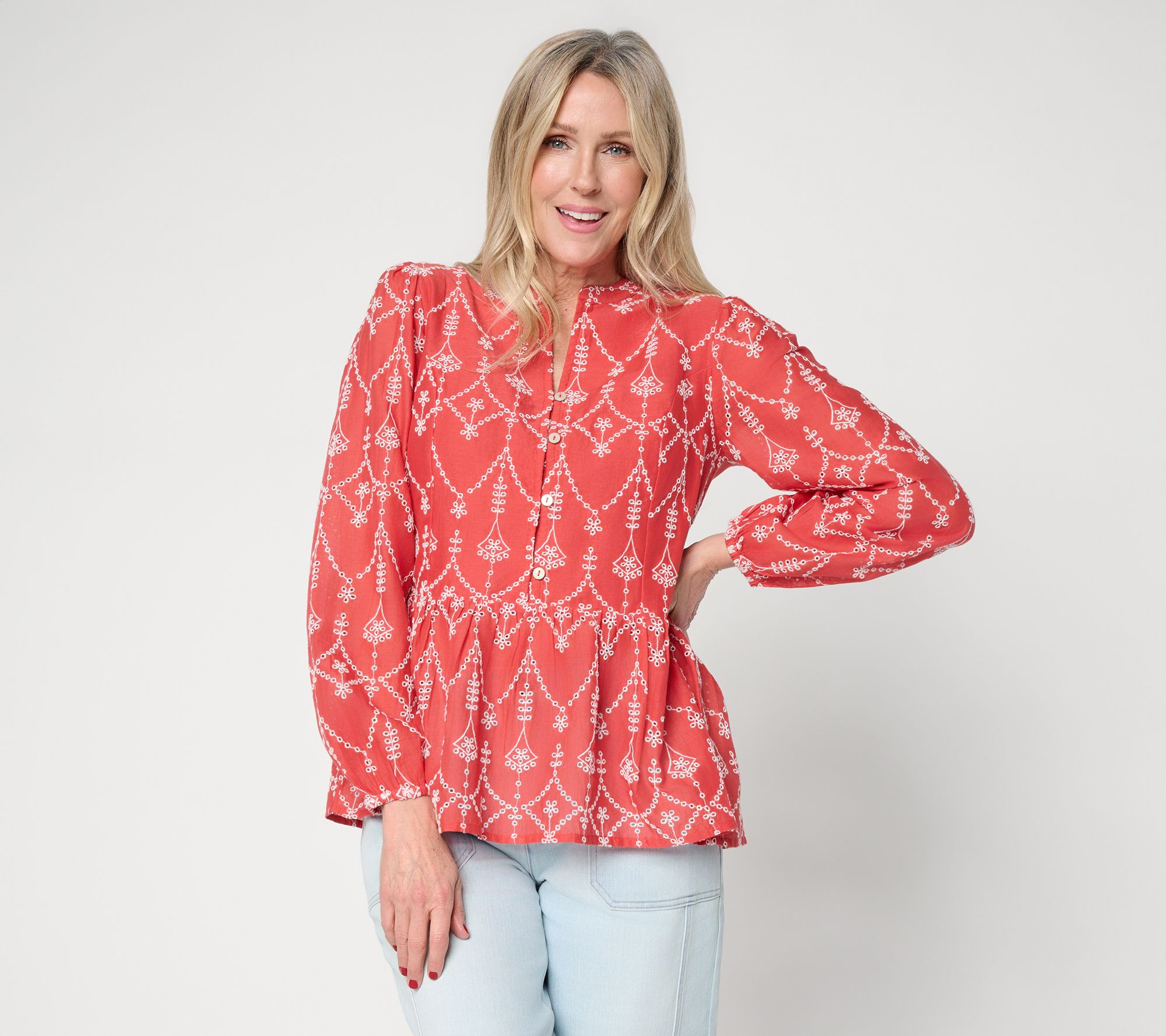 LOGO Lavish by Lori Goldstein Embroidered Long Sleeve Blouse