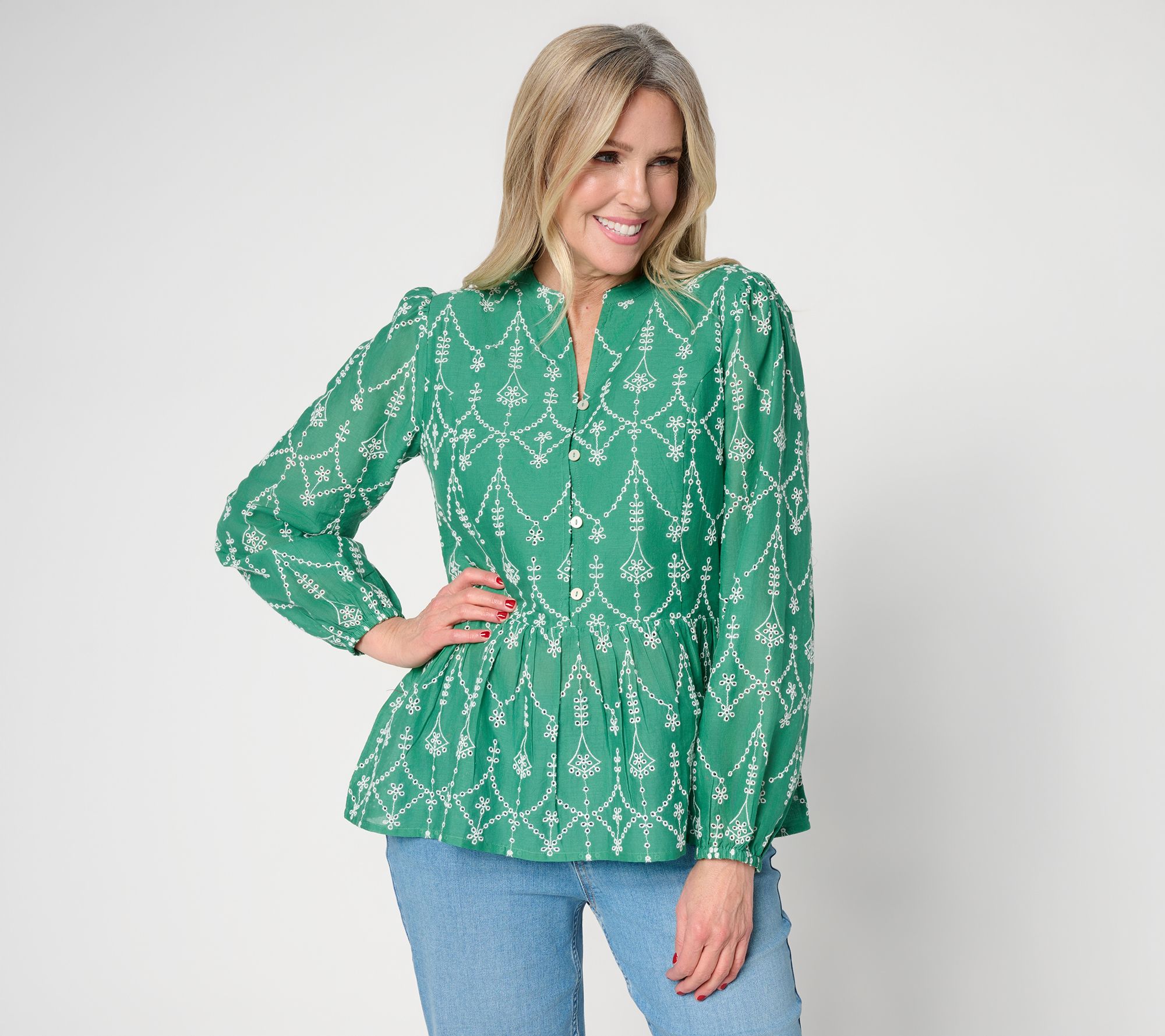 LOGO Lavish by Lori Goldstein Embroidered Long Sleeve Blouse