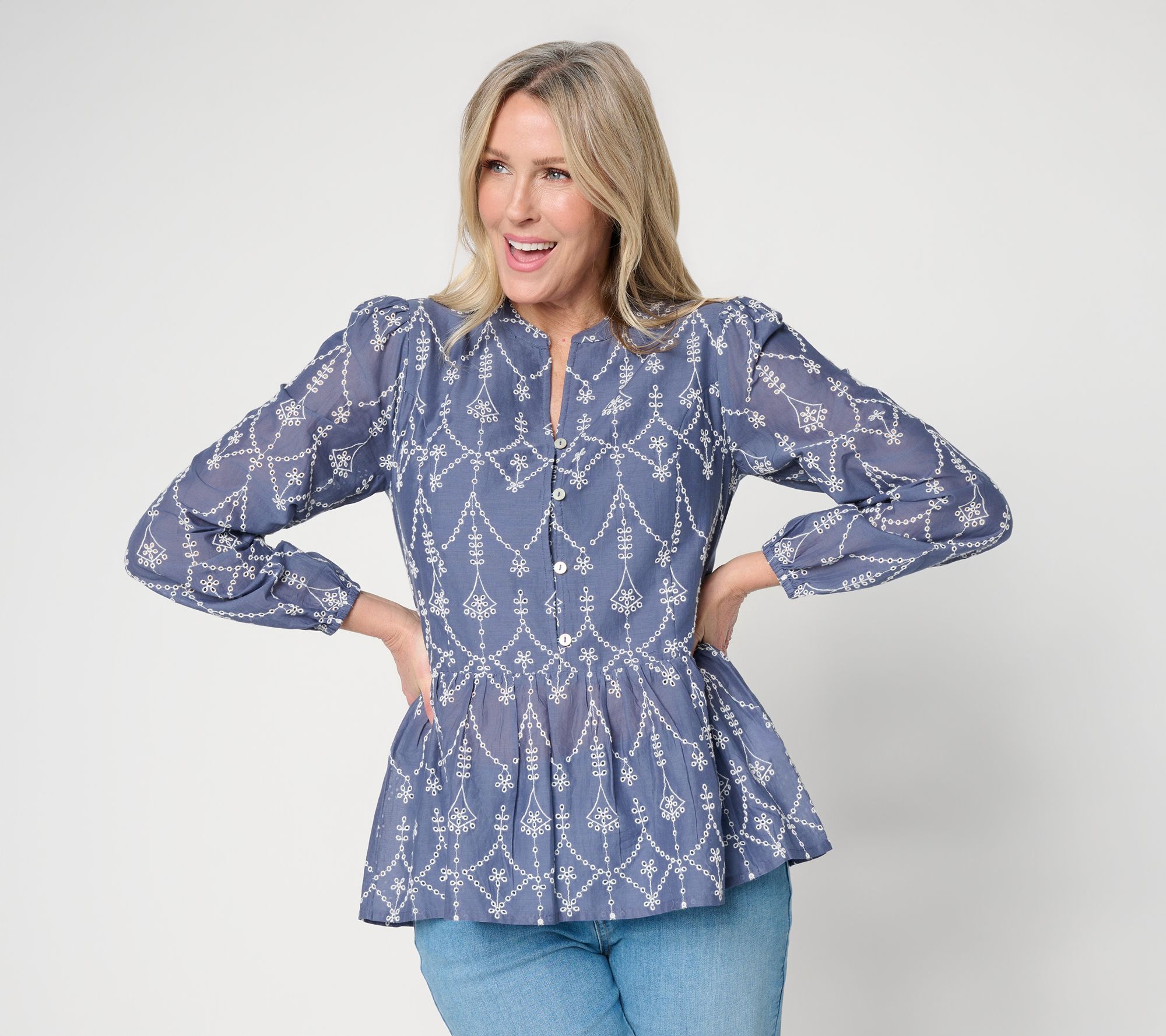 LOGO Lavish by Lori Goldstein Embroidered Long Sleeve Blouse