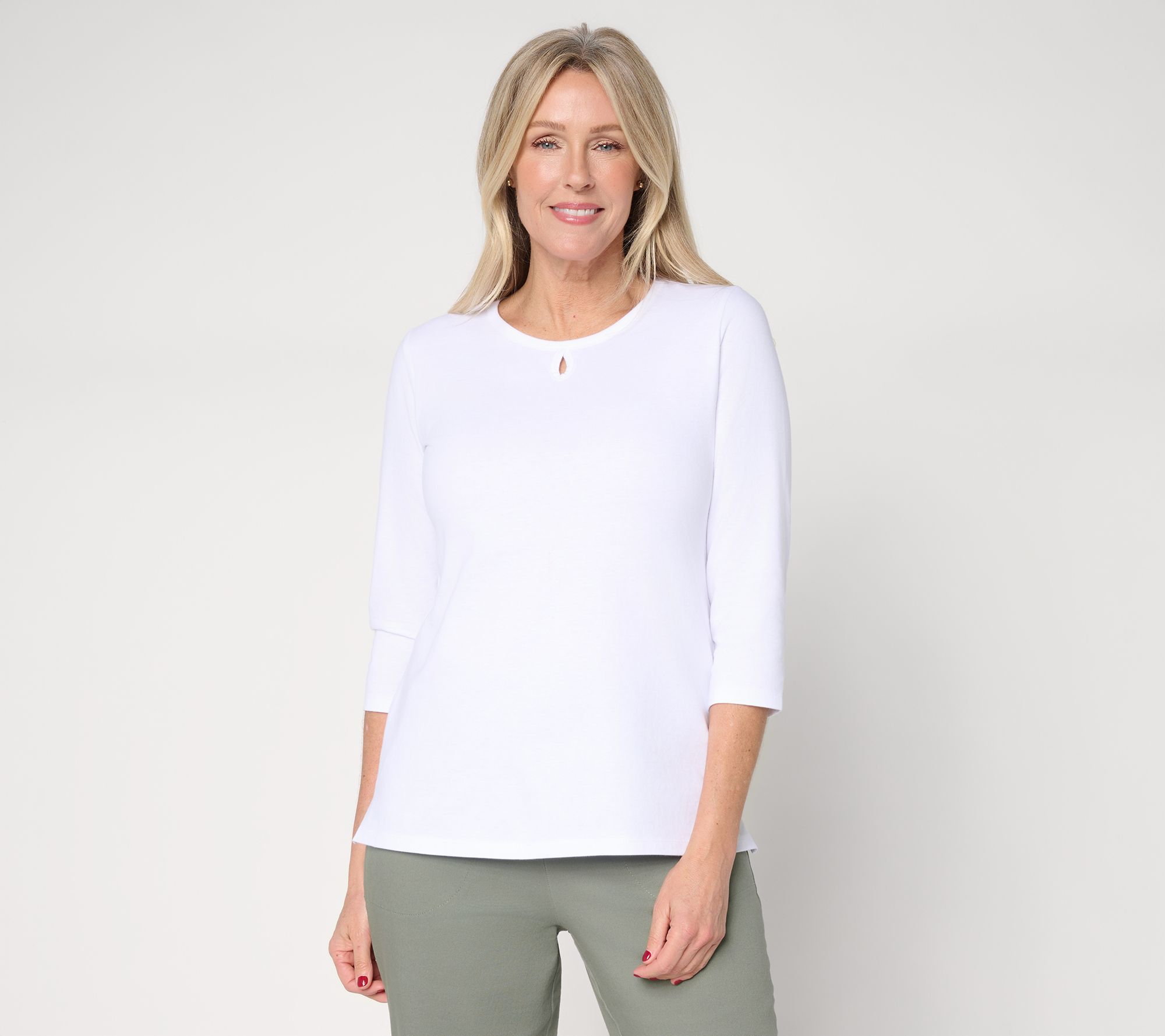Denim & Co. Essentials True Cotton 3/4-Sleeve Top w/ Keyhole