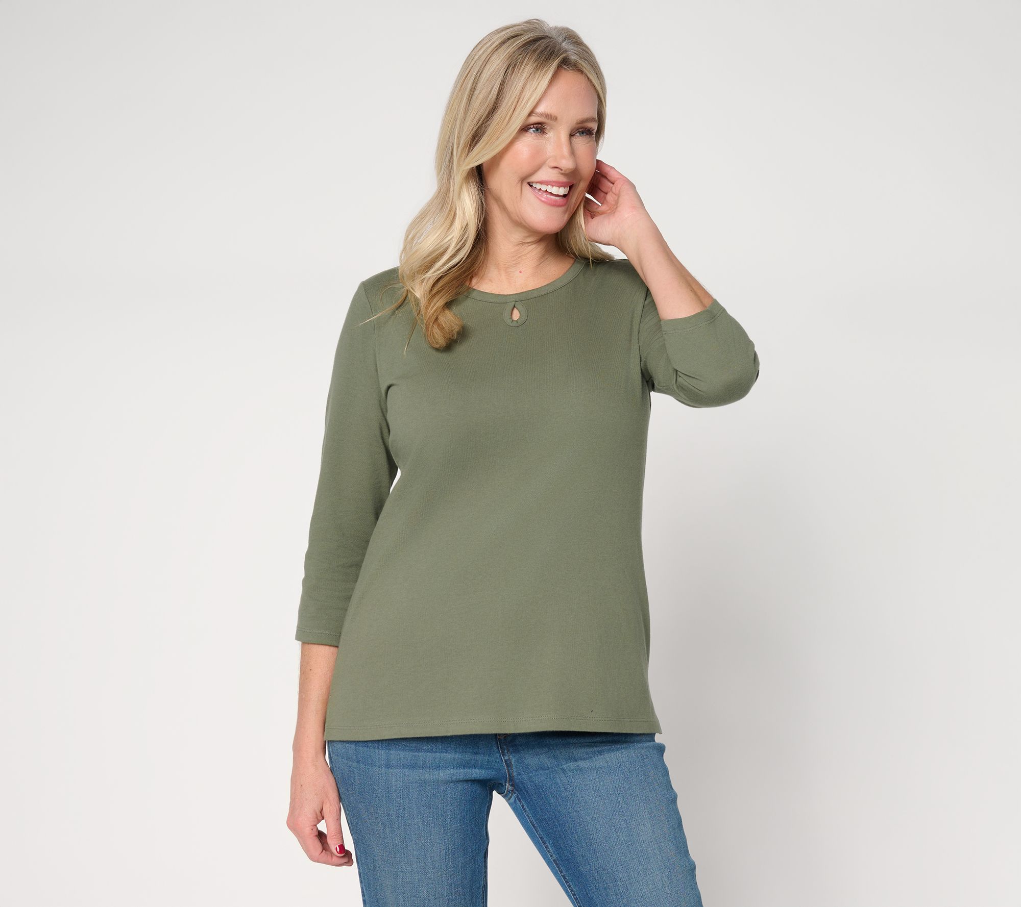 Denim & Co. Essentials True Cotton 3/4-Sleeve Top w/ Keyhole