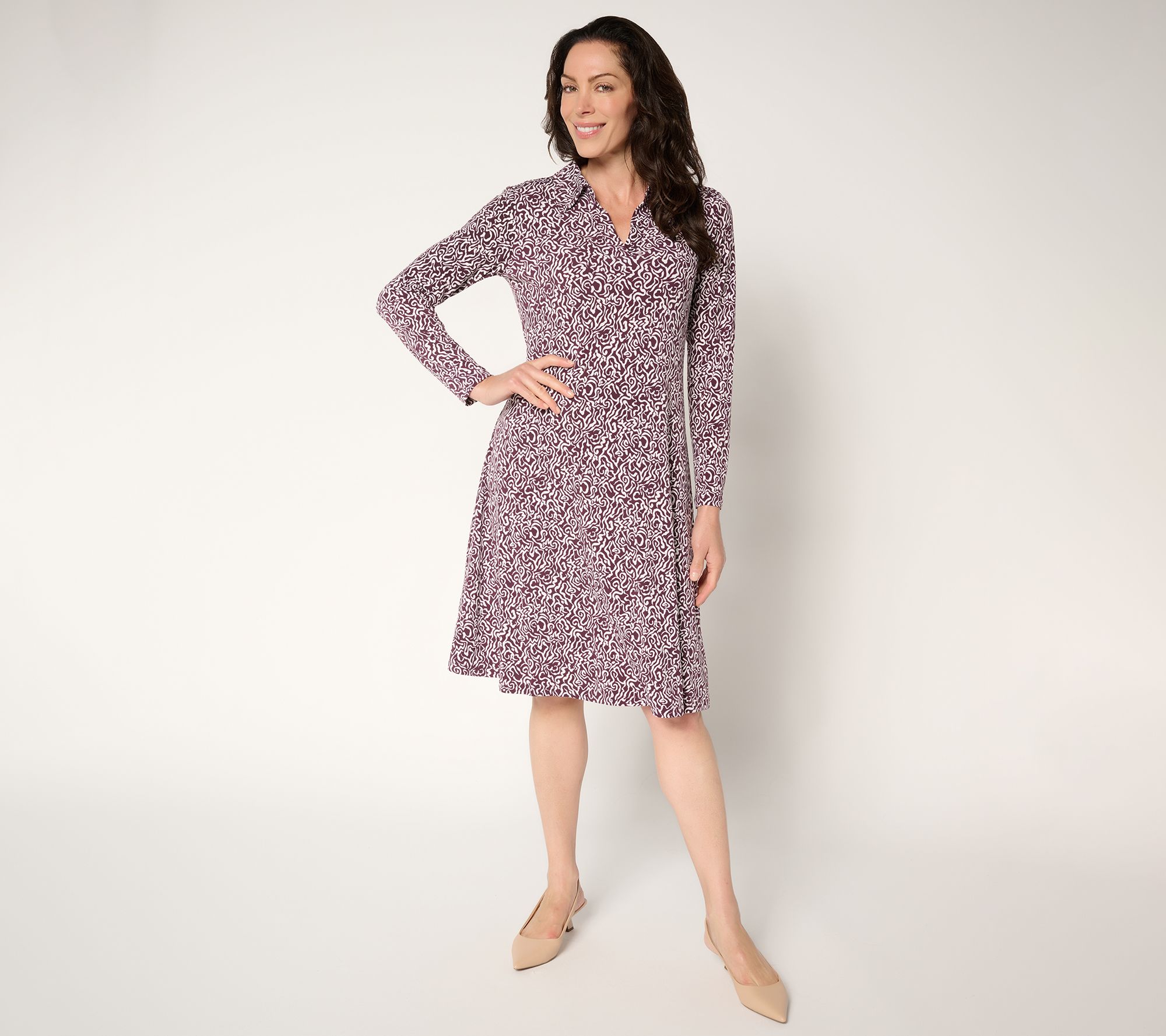 "As Is" Susan Graver Reg Printed Liquid Knit Collared Midi Dress