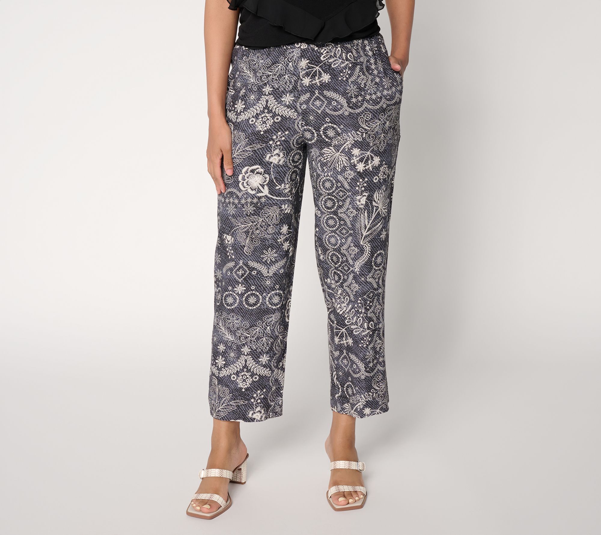 Susan Graver Weekend Regular Printed Linen Blend Wide Leg Crop Pants