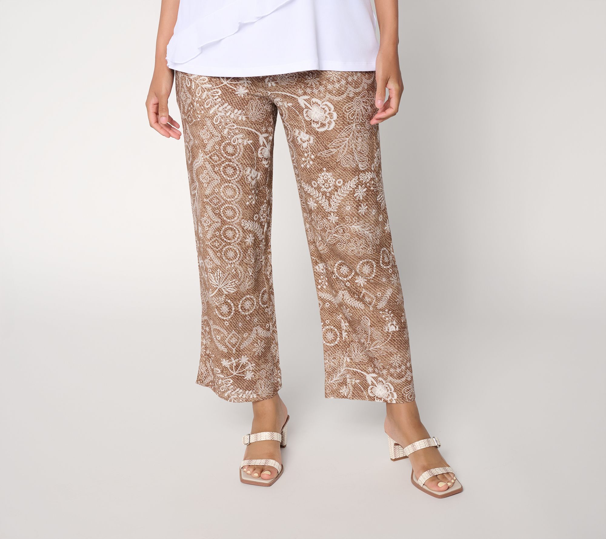 Susan Graver Weekend Regular Printed Linen Blend Wide Leg Crop Pants