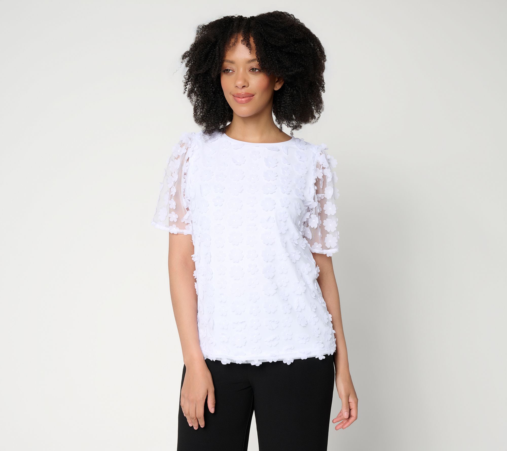 Dennis Basso Knit Top with Floral Mesh Overlay
