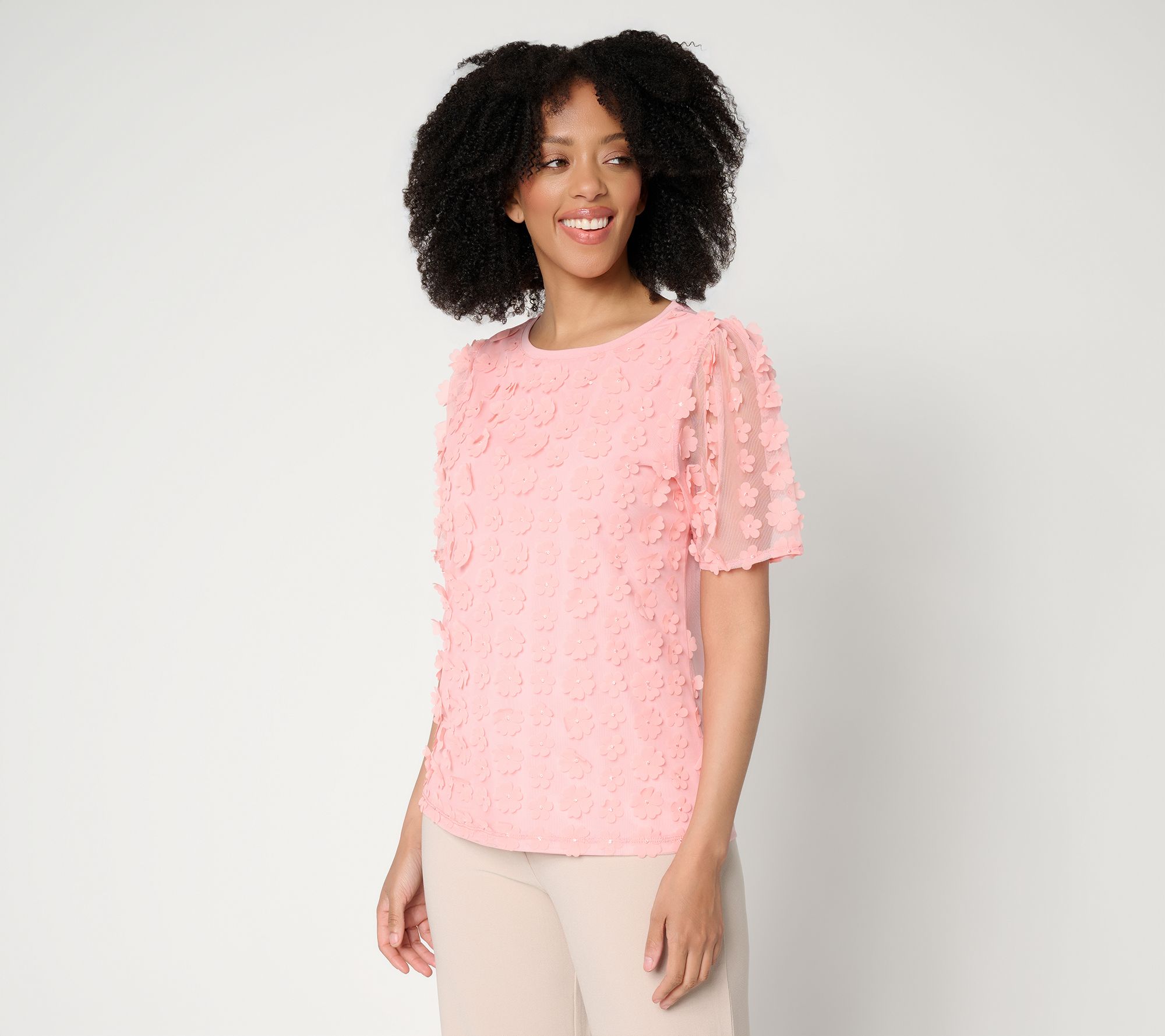 Dennis Basso Knit Top with Floral Mesh Overlay