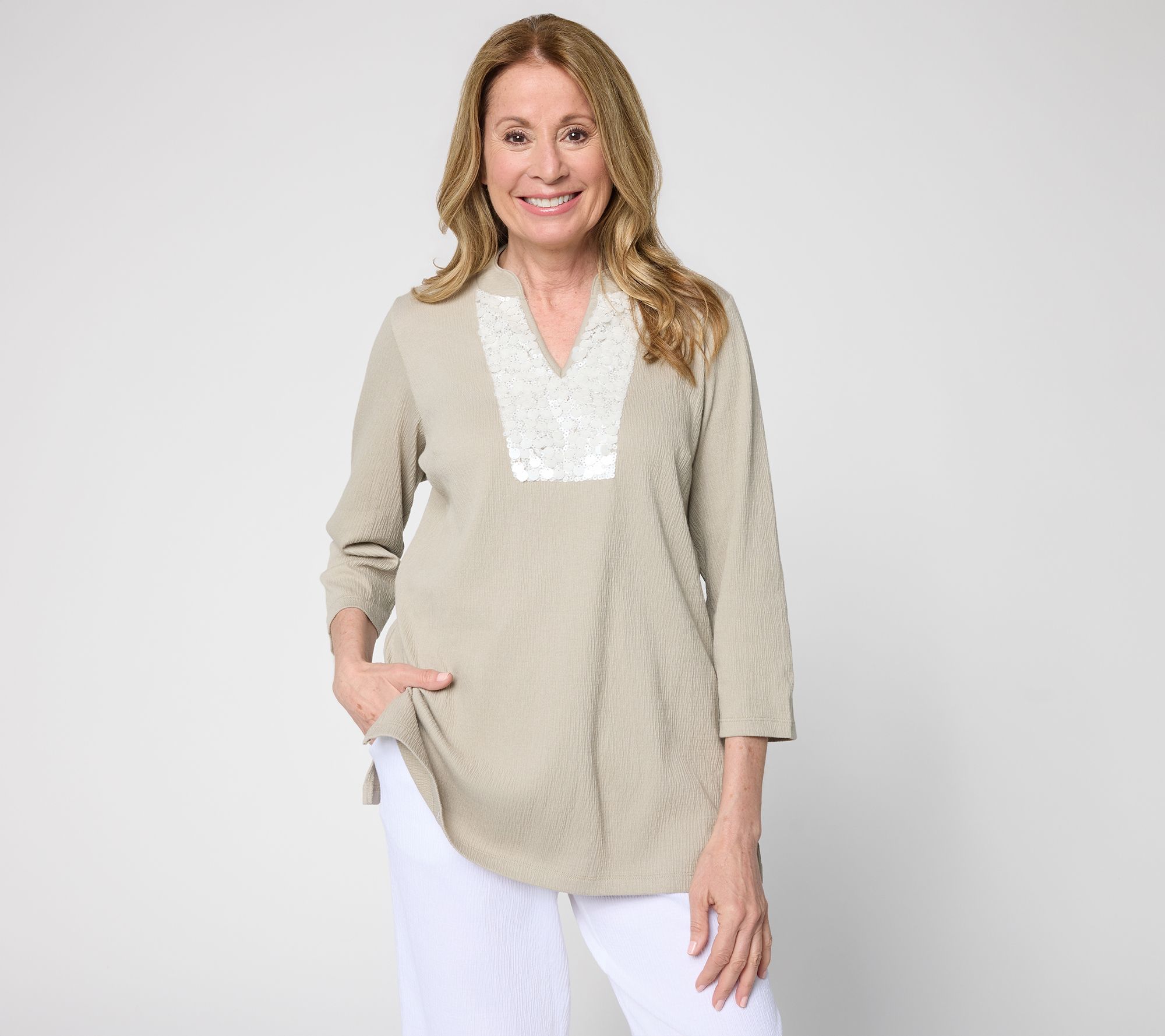 Belle by Kim Gravel Petite Packabelle Slay the Vacay Split V Tunic