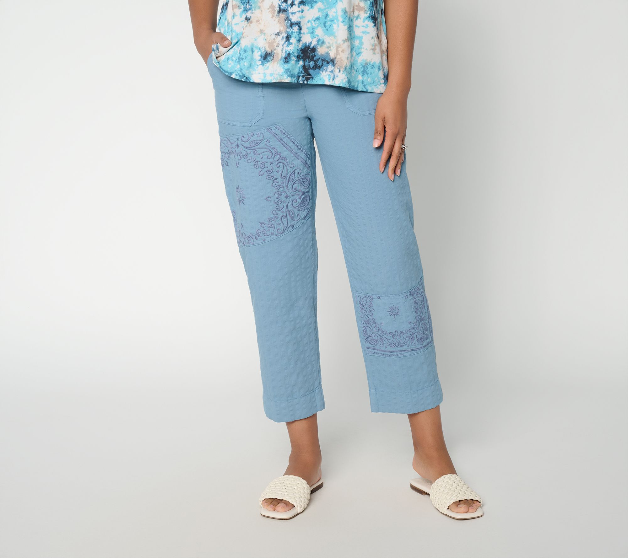 LOGO Lavish by Lori Goldstein Regular Textured Cotton Ankle Pants