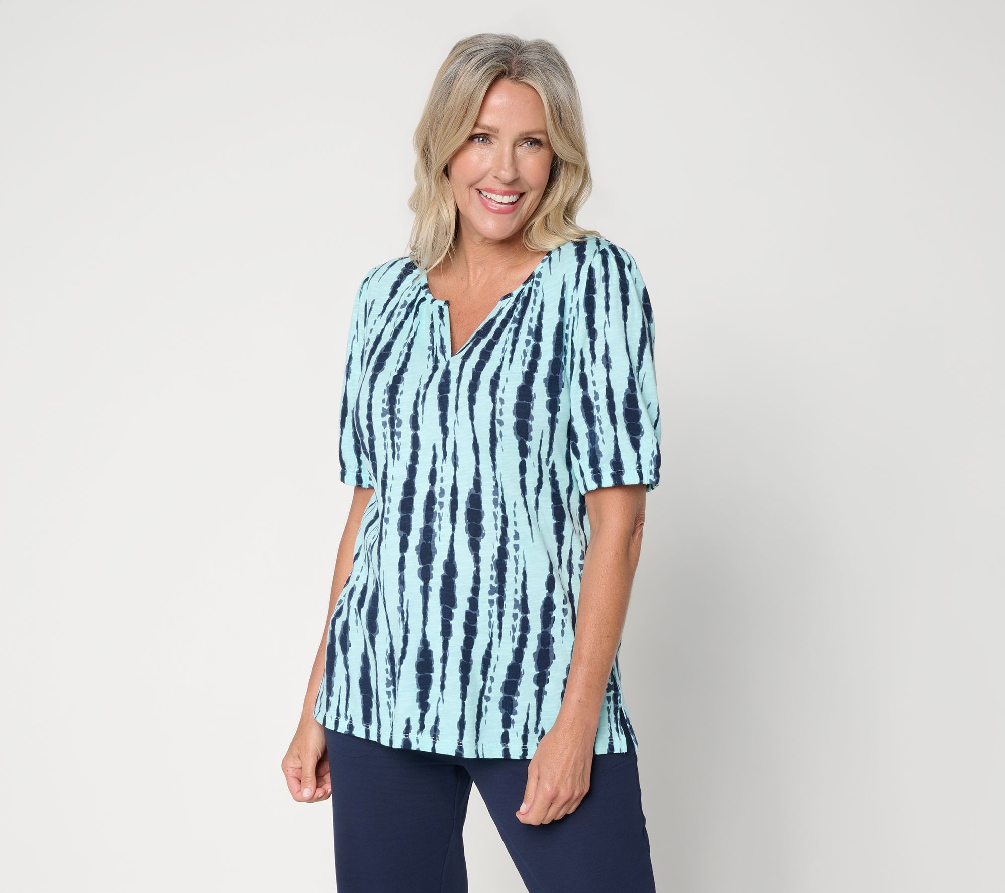 Denim & Co. Linen Slub Elbow Sleeve Split V-Neck Top