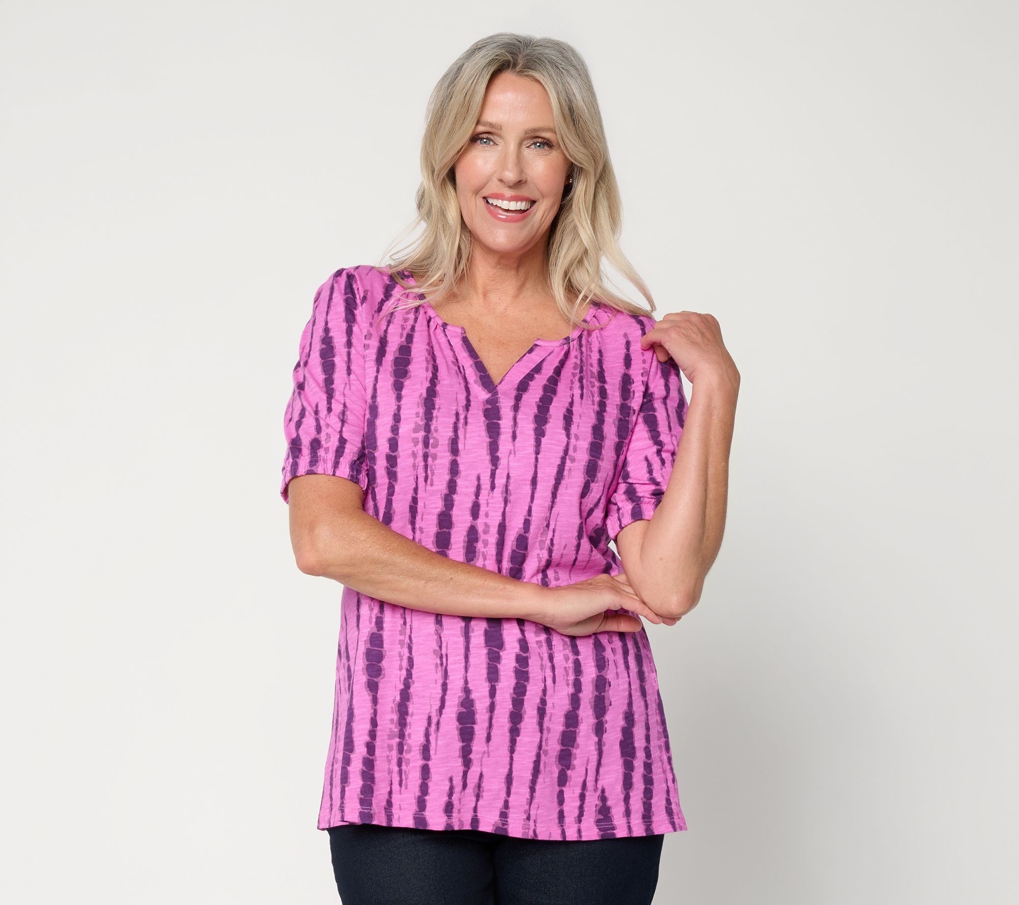 Denim & Co. Linen Slub Elbow Sleeve Split V-Neck Top