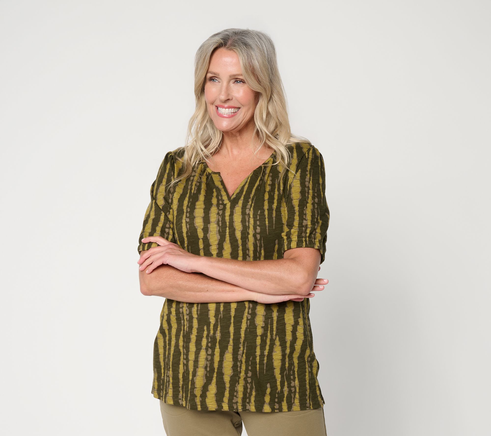 Denim & Co. Linen Slub Elbow Sleeve Split V-Neck Top