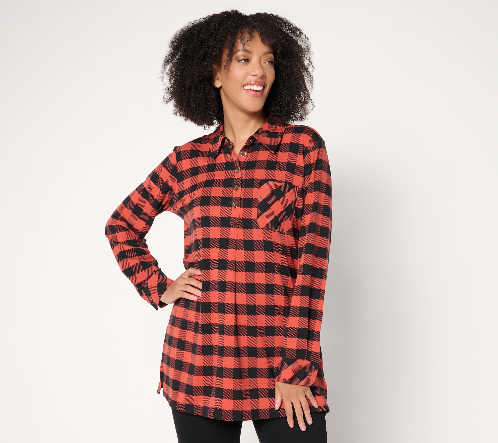"As Is" Denim & Co. Regular Buffalo Check So Soft Jersey Henley Tunic