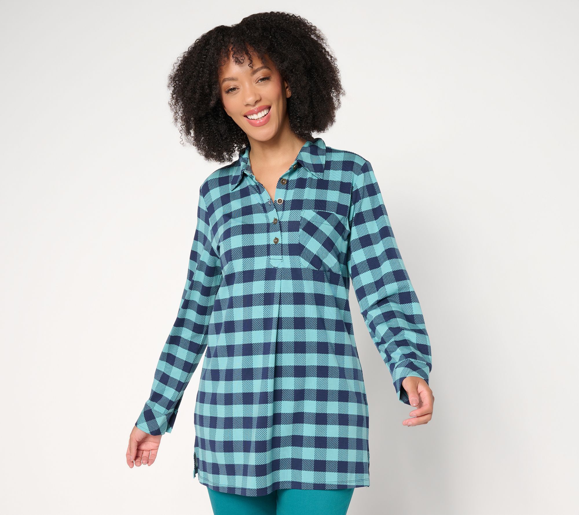 "As Is" Denim & Co. Regular Buffalo Check So Soft Jersey Henley Tunic