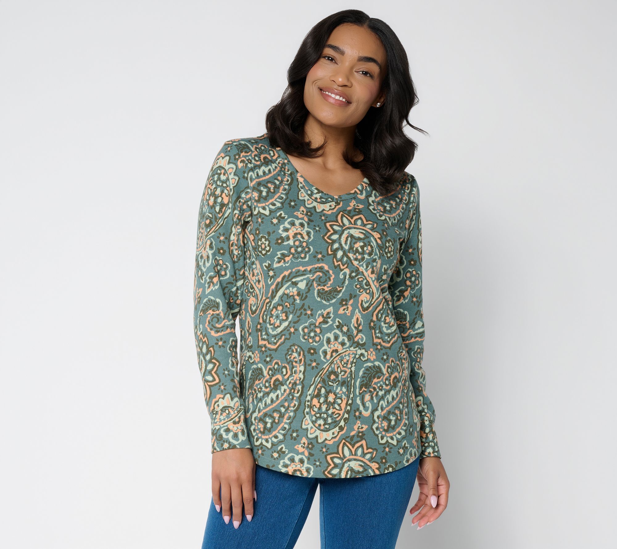 トップス FV-4148 Denim & Co. Printed Waffle Knit Soft V Neck Long Sleeve Top - QVC.com
