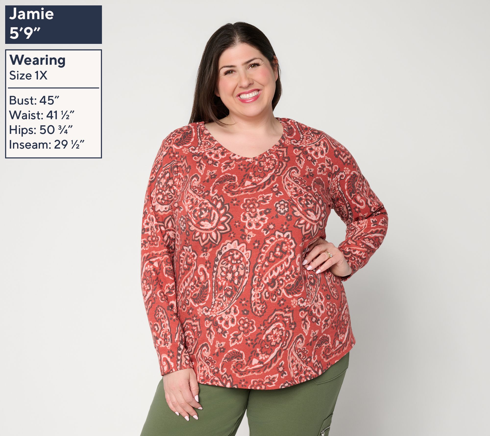 Denim & Co. Printed Waffle Knit Soft V Neck Long Sleeve Top - QVC.com