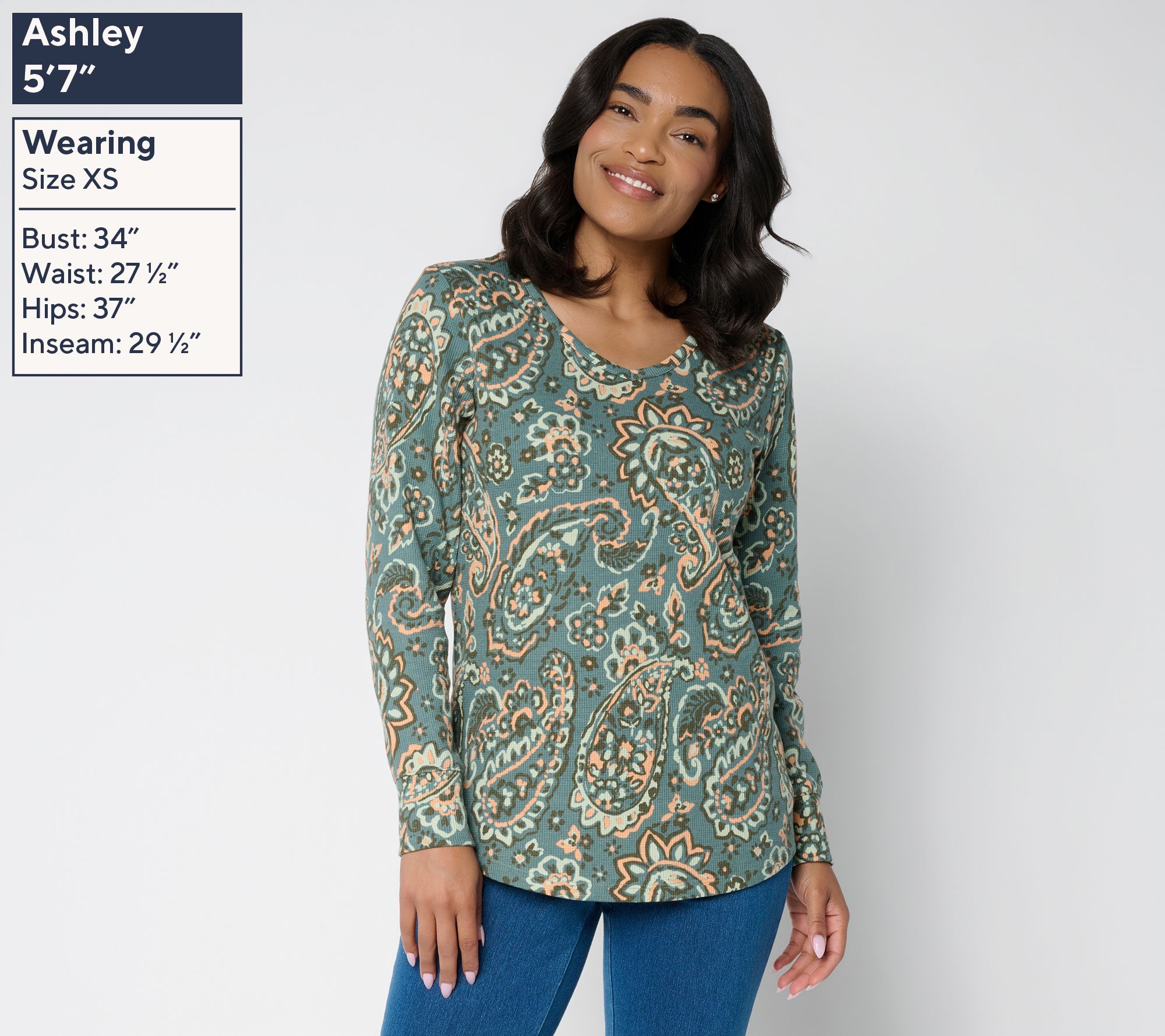 トップス oosll.v Denim & Co. Printed Waffle Knit Soft V Neck Long Sleeve Top - QVC.com