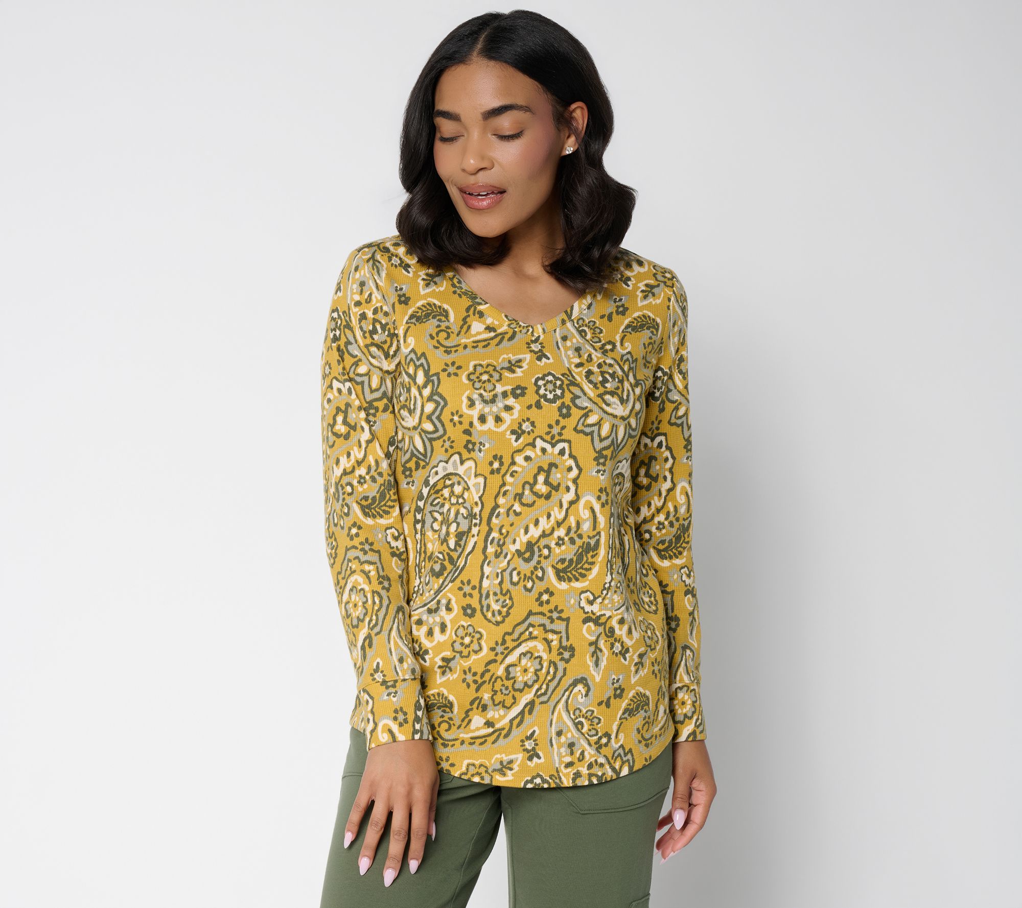 Denim & Co. Printed Waffle Knit Soft V Neck Long Sleeve Top