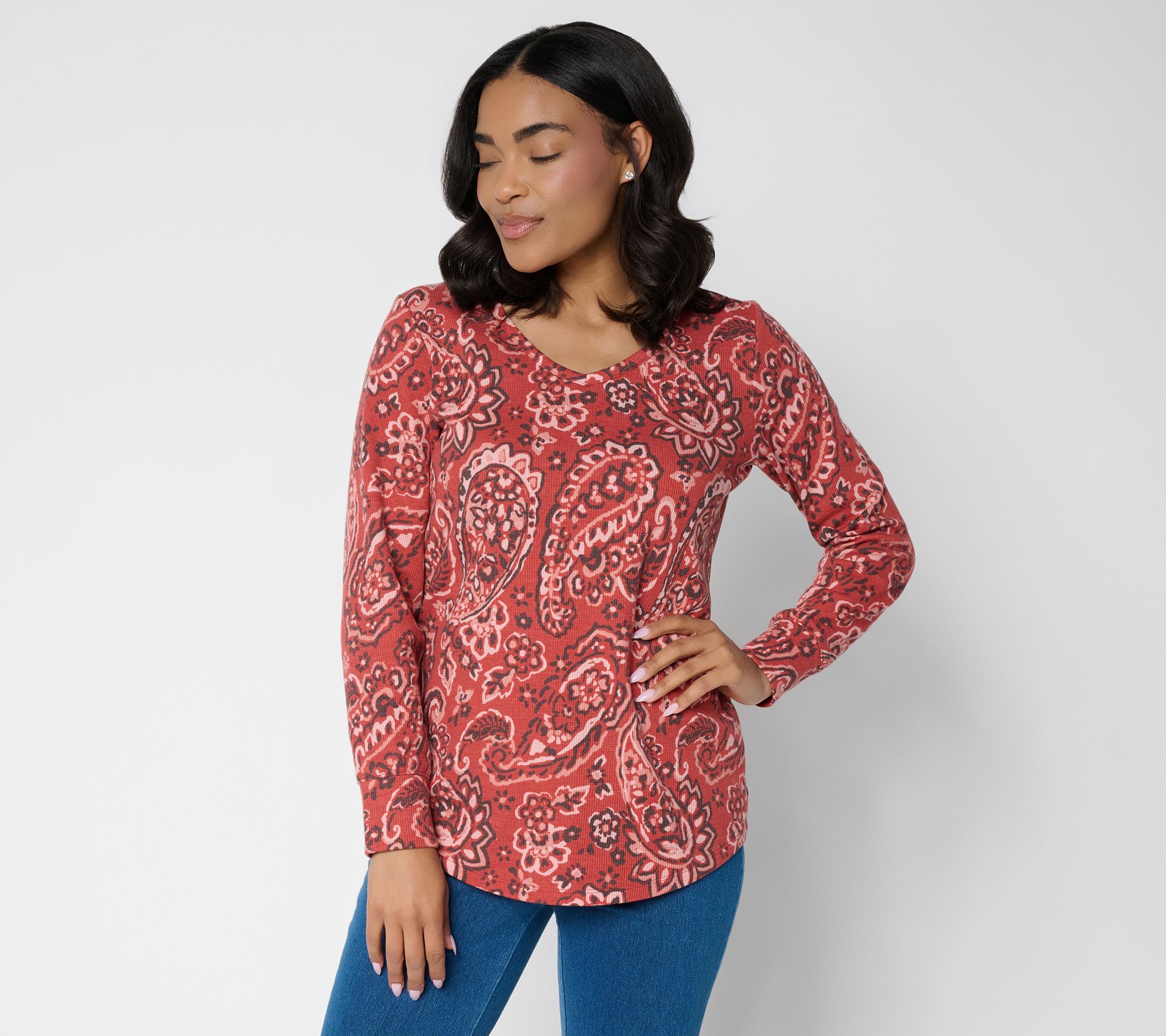Denim & Co. Printed Waffle Knit Soft V Neck Long Sleeve Top