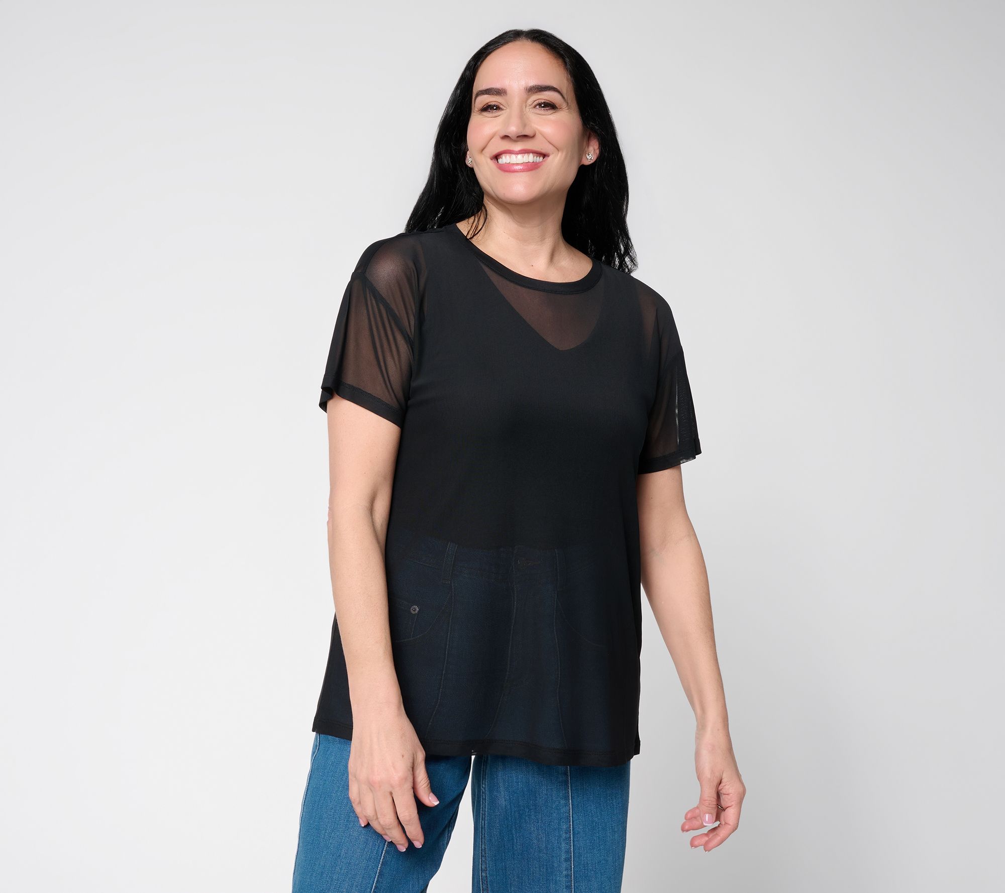 LOGO by Lori Goldstein Short Sleeve Solid Mesh Tee