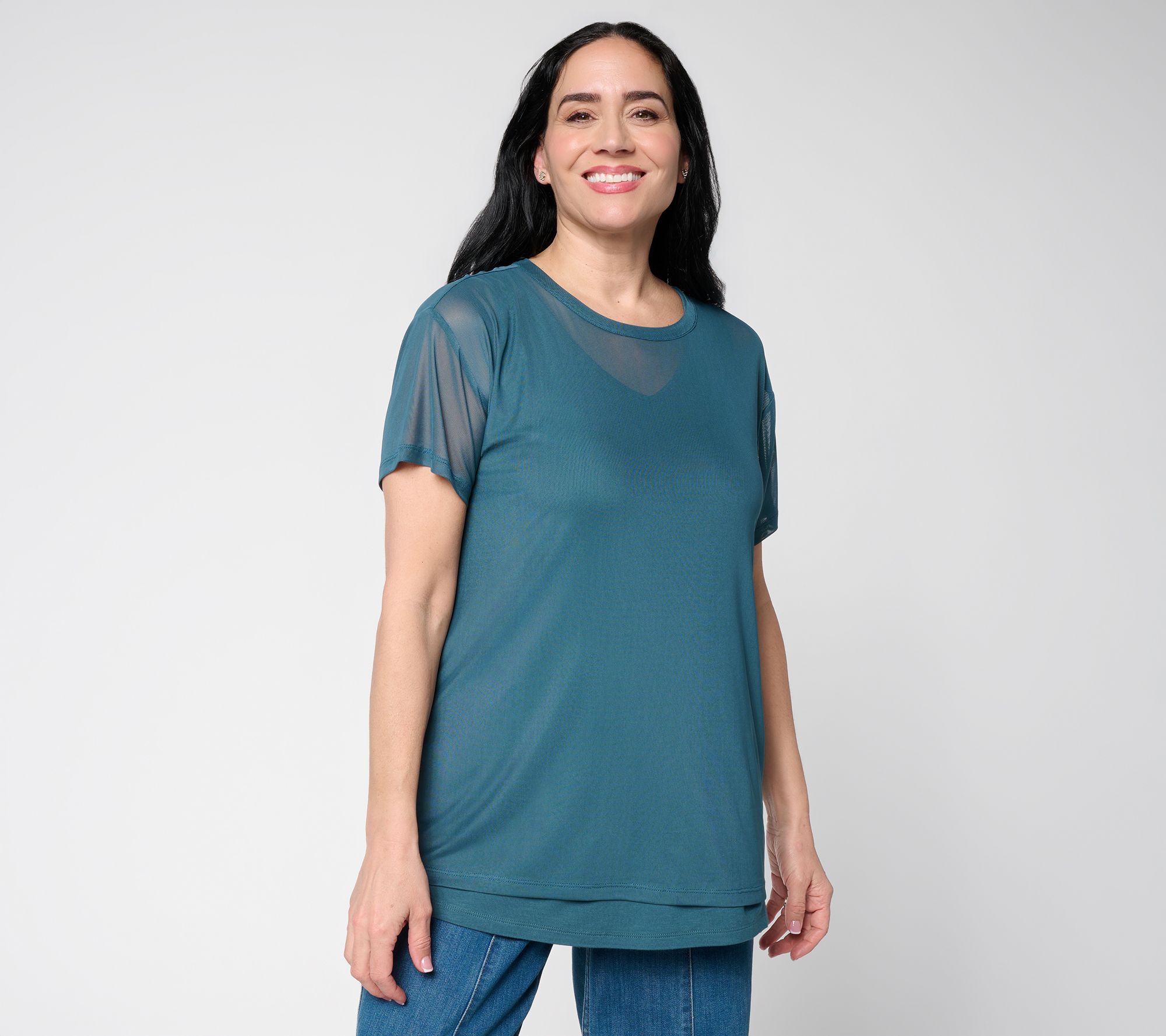 LOGO by Lori Goldstein Short Sleeve Solid Mesh Tee