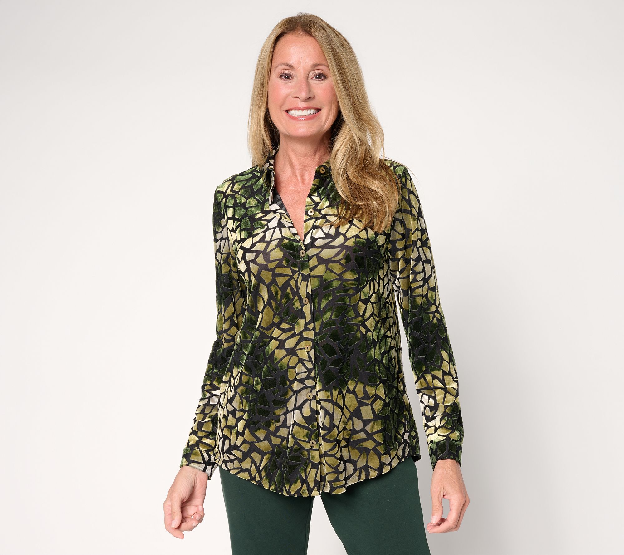 "As Is" Susan Graver Printed Burn-Out Knit Velvet Button Front Shirt