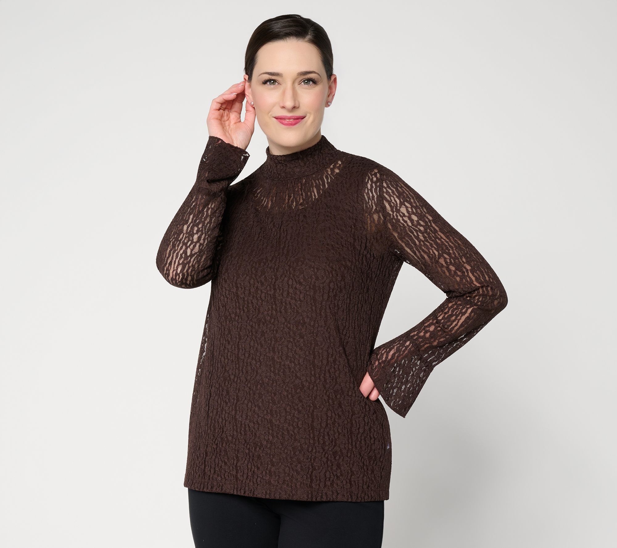  Susan Graver Lace Mock-Neck Top w/ Ruffle Sleeve Detail - A735869