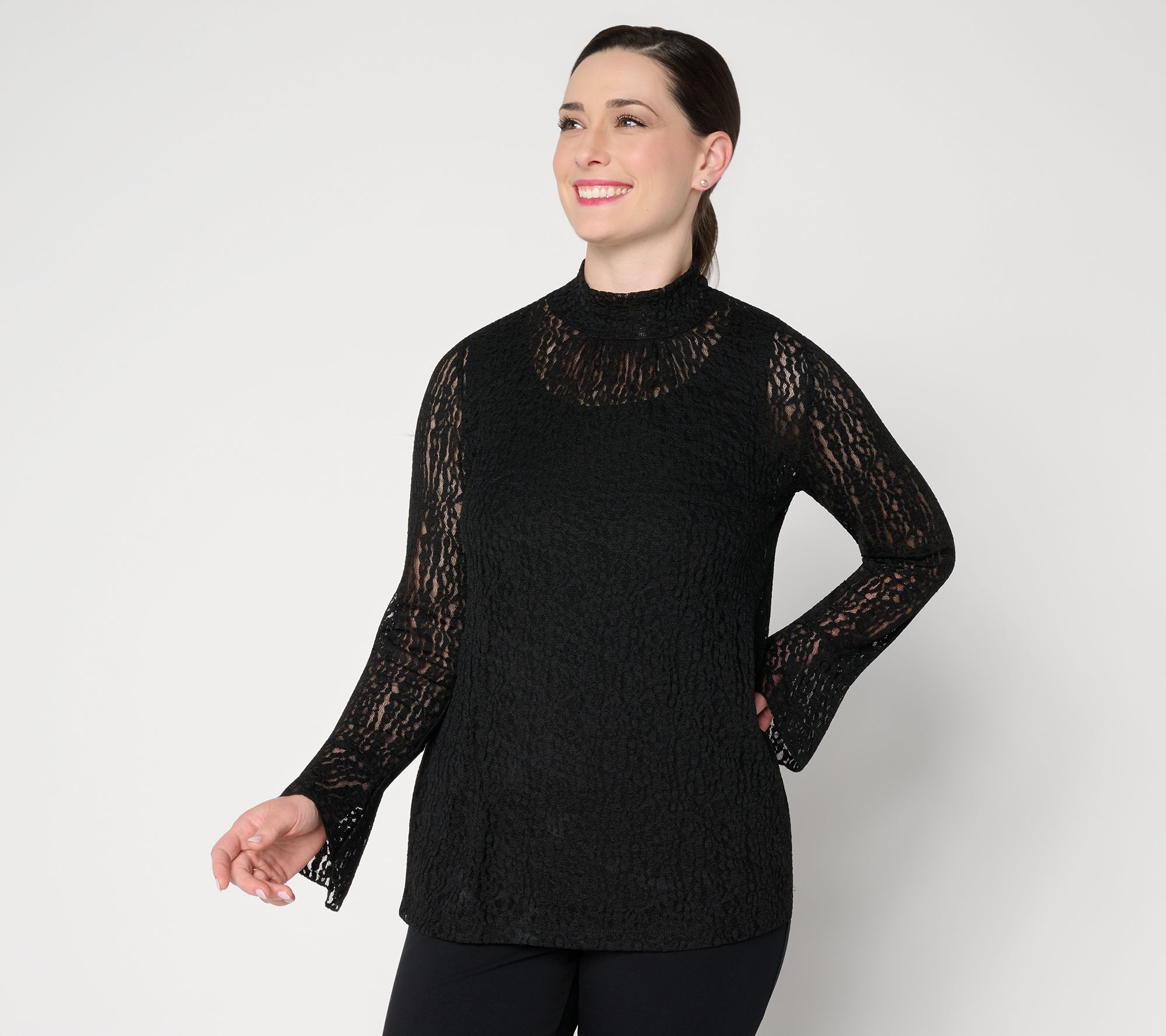 Susan Graver Lace Mock-Neck Top w/ Ruffle Sleeve Detail
