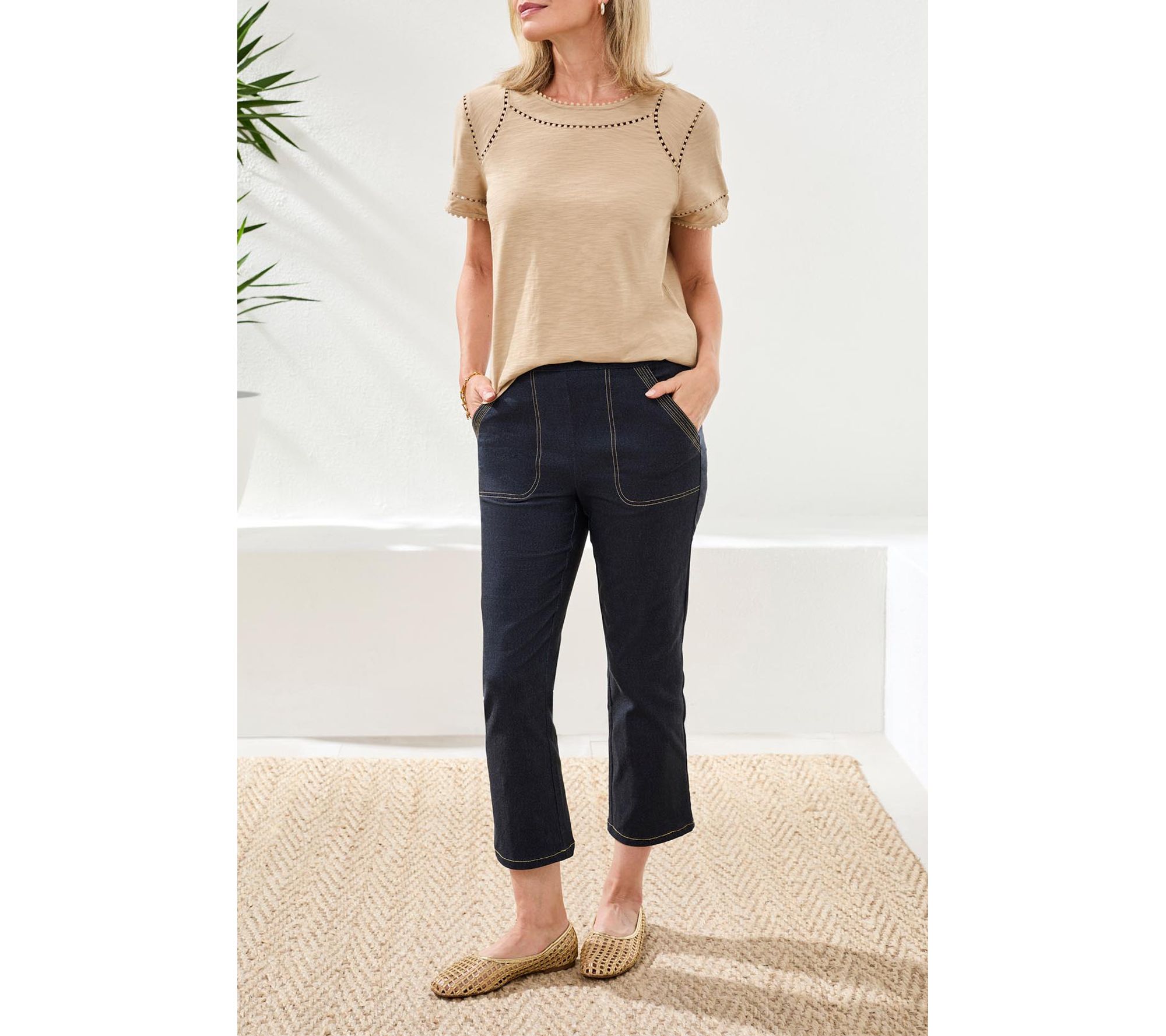 Tribal Denim Look Contrast Stitching BengalineKick Flare Capr