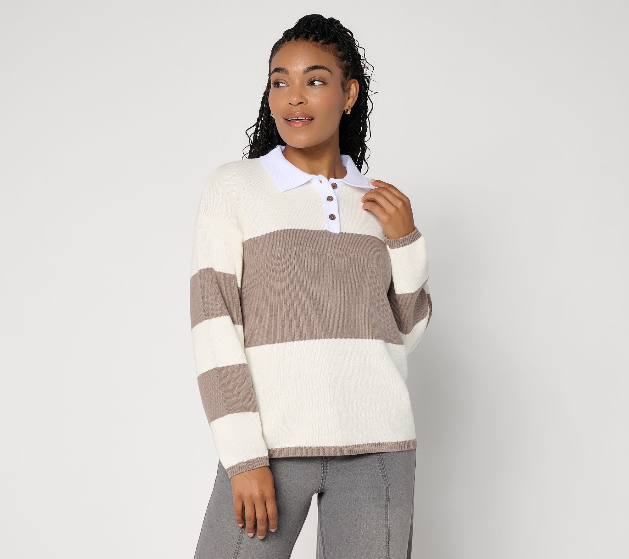  Peace Love World Long Sleeve Striped Polo Sweater