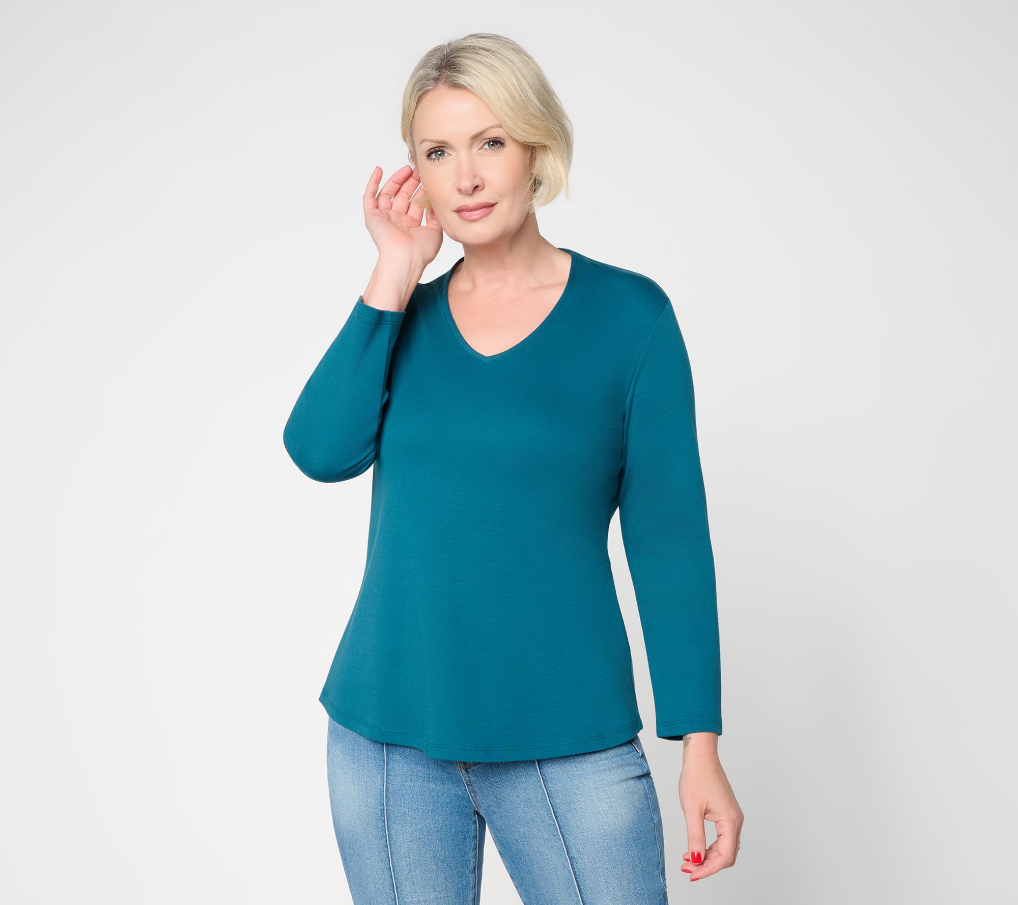 BEAUTIFUL by Lawrence Zarian Pima Cotton V Neck Long Sleeve Top